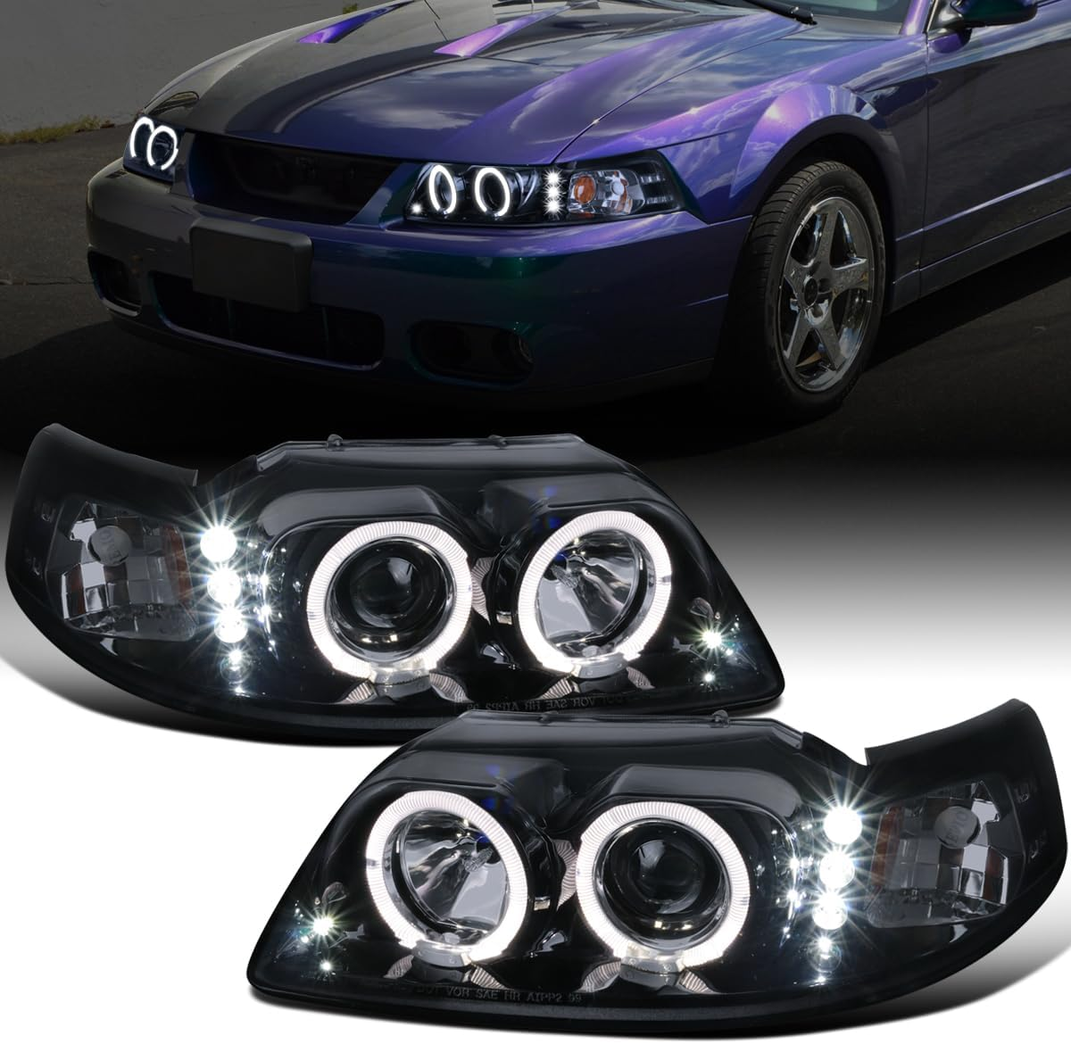 - Fits 1999-2004 Ford Mustang Dual Halo Projector Headlights