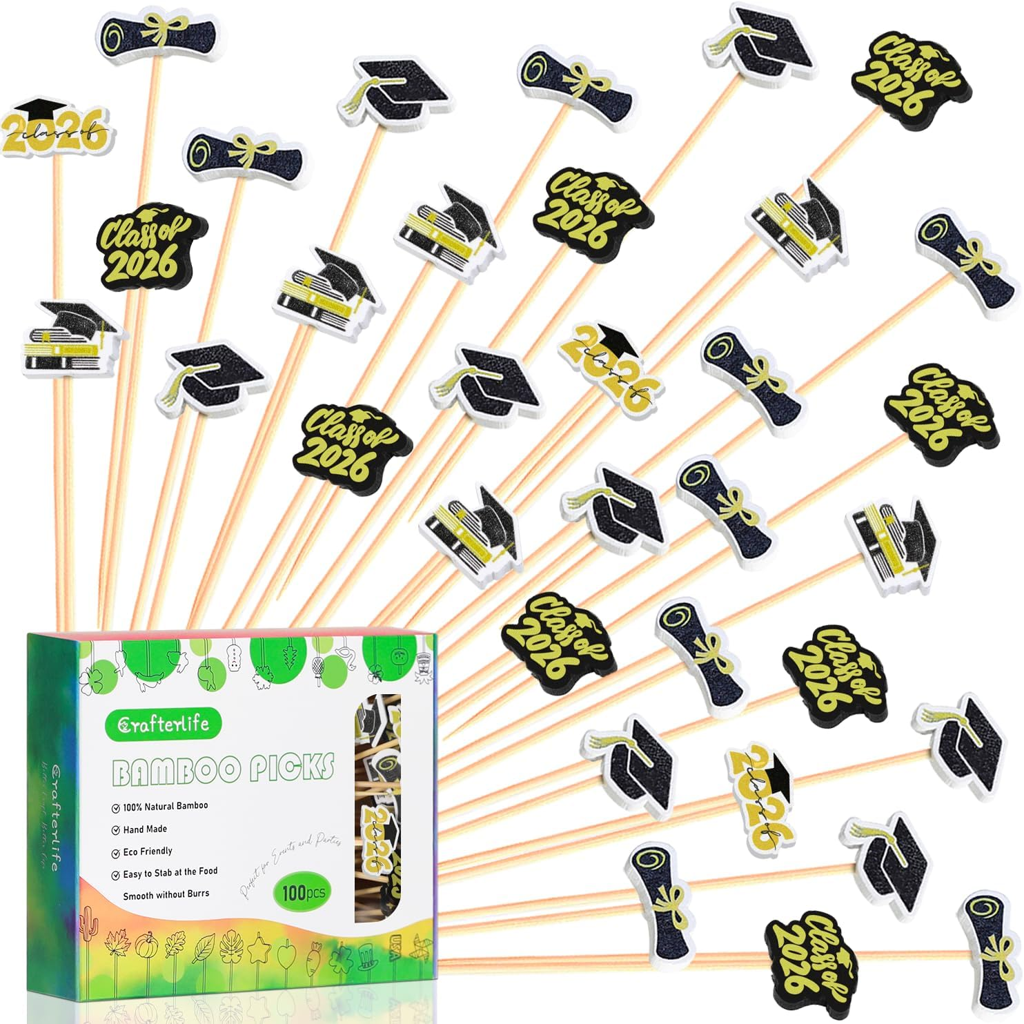 100Pcs Graduation Cocktail Picks, Class of 2026 Grad Theme Decor Toothpicks Fruit Sticks Skewers with Topper for Appetizers Charcuterie Accessories Congrats Grads Decorations Themed Party Supplies
