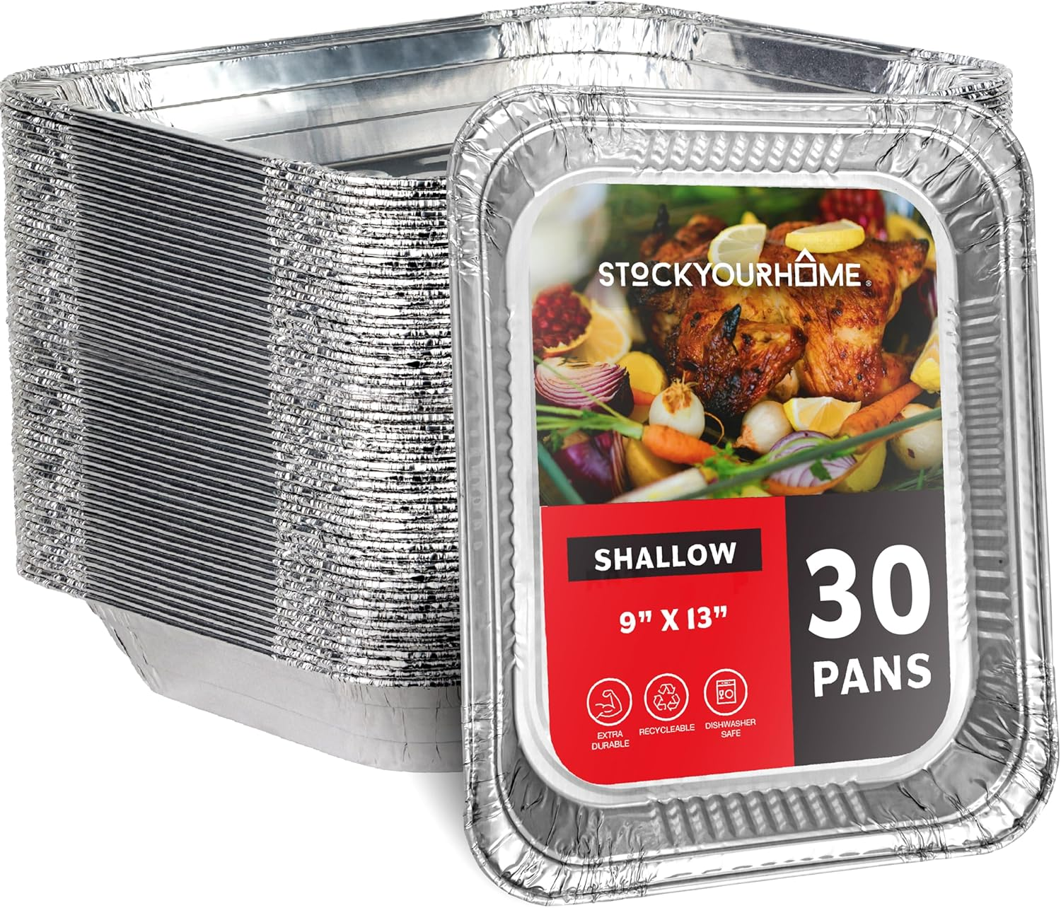 (30 Pack) Disposable Aluminum Pans 9X13 Shallow, Heavy Duty 1.75" Deep Foil Pans, Baking Tins, 13X9 Baking Pan for Cooking and Serving Cookies, Brownies, Sheet Cake, Cookie Sheets, Holiday Meal Prep