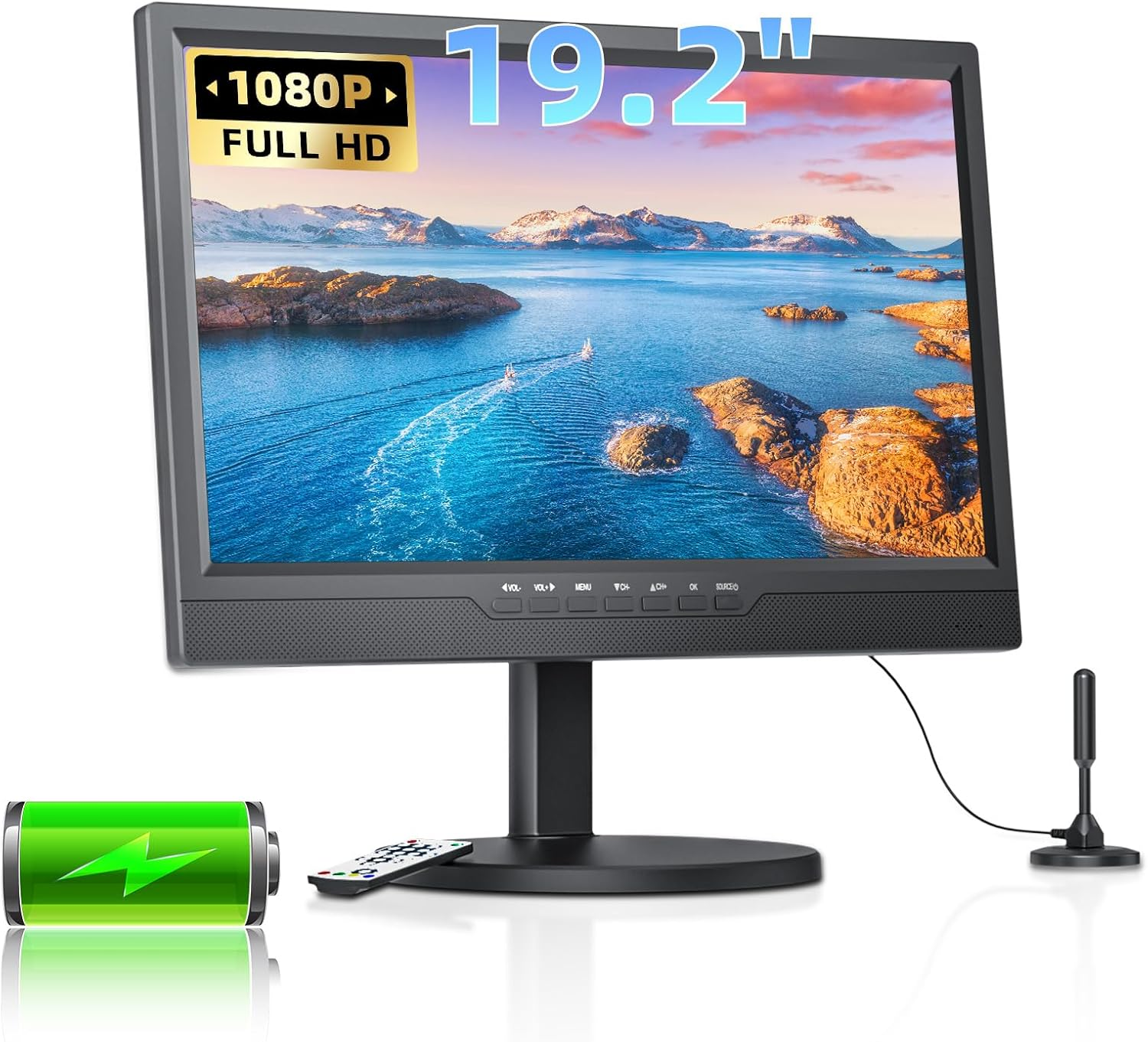 19.2" Portable TV with Antenna,8000Mah Built-In Powered Operated TV | 1080P HDMI Input, AV Input, USB, Small TV for Camping, RV, Kitchen, Travel, Patio, Indoor/Outdoor