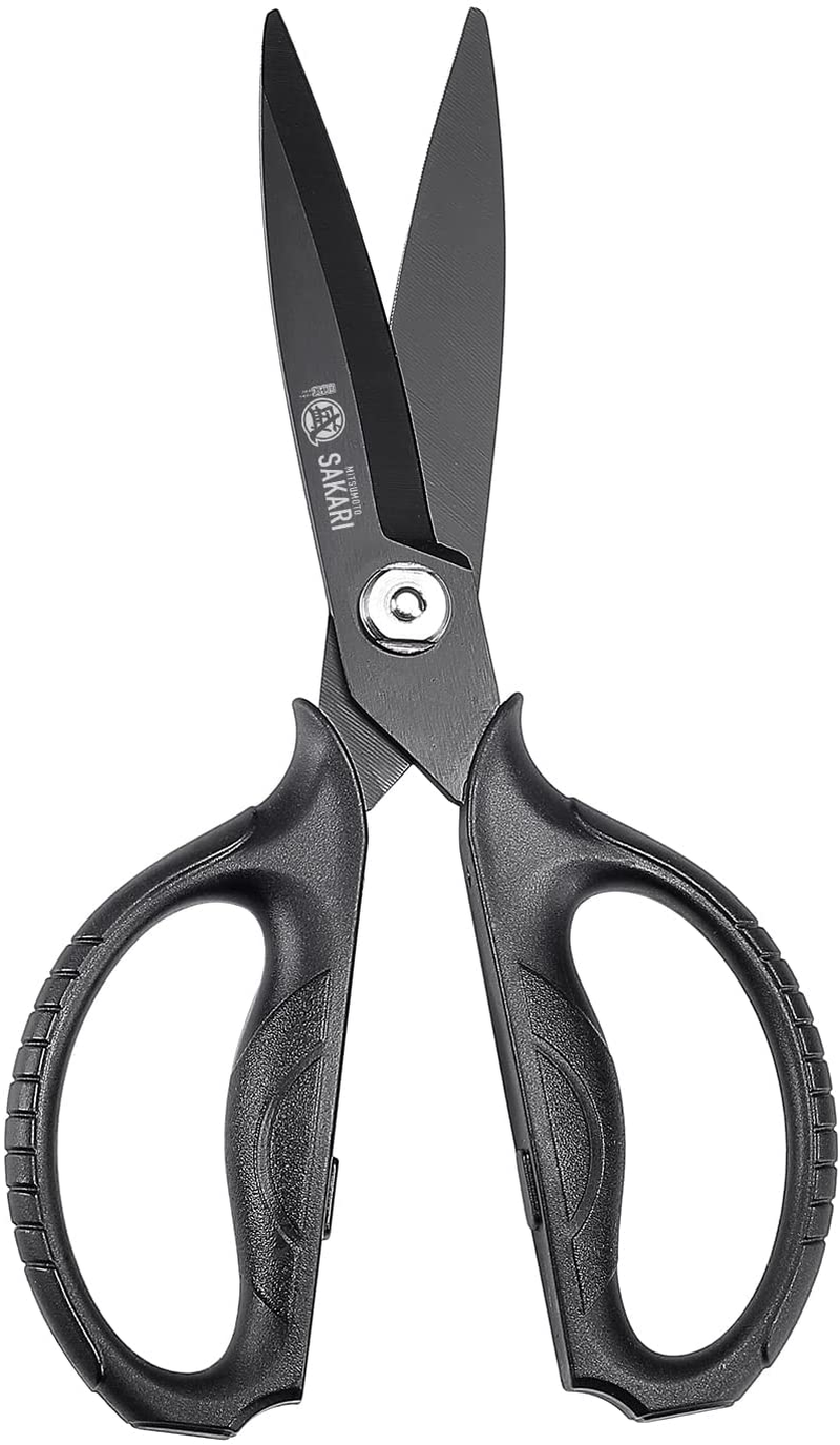 MITSUMOTO SAKARI Japanese Kitchen Scissors, All Purpose, Black Titanium Plated Heavy Duty, Multipurpose Cooking and Herb Scissors with Micro Serrated Edge