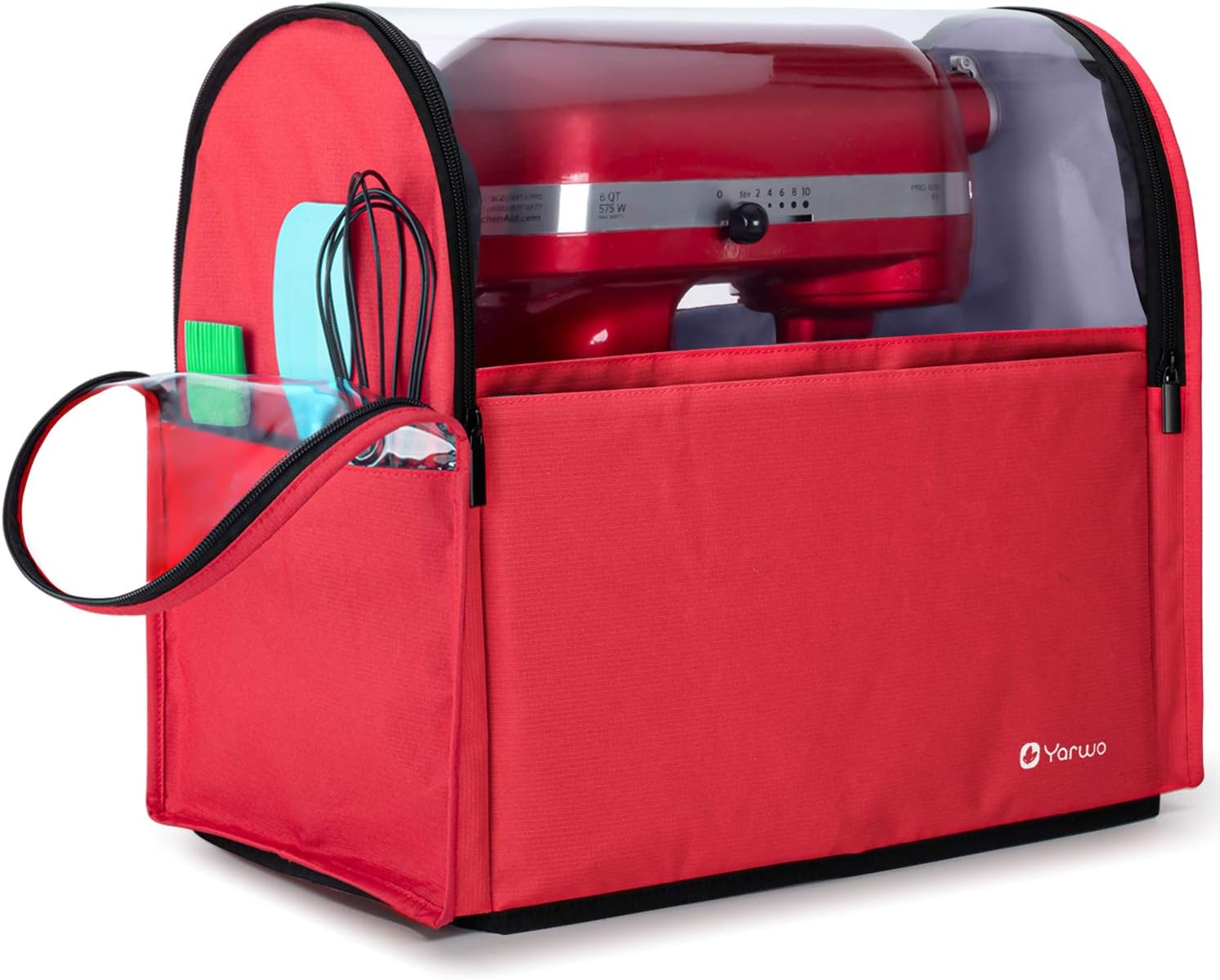 2026 Upgraded Stand Mixer Cover Compatible with 6-8 Qt Kitchenaid Mixer, Visible Dust Cover with Multiple Pockets for Extra Kitchen Accessories, Red