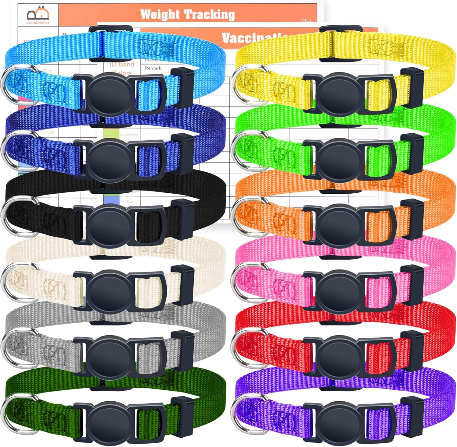 GAMUDA Puppy ID Collars - Super Soft Nylon Whelping Set - Adjustable Breakaway Litter for Pups - Assorted Colors Plain & Identification with 2 Record Keeping Charts - Set of 12 (S)