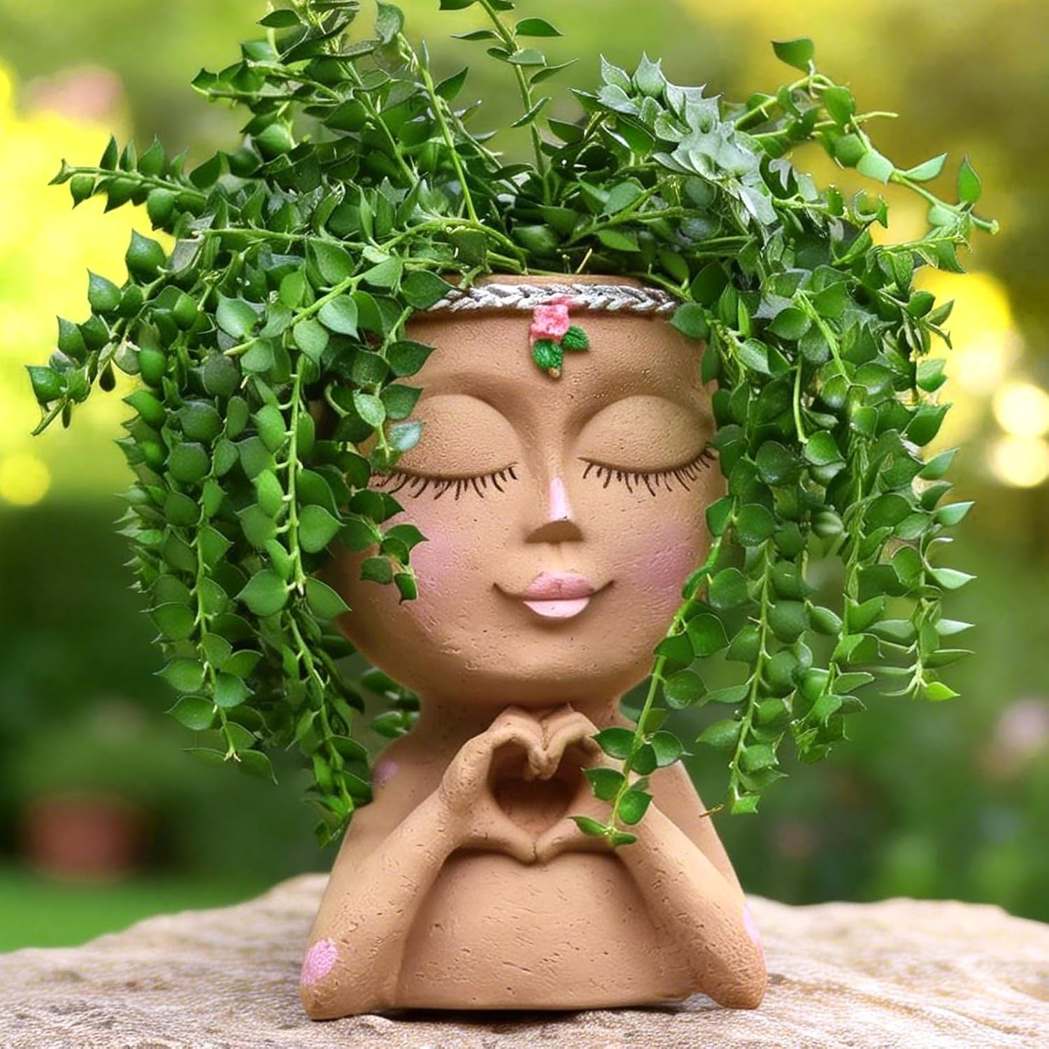 Face Planter Pot with Heart Hands, Resin Head Planter for Indoor Plants, Cute Succulent Pots with Drainage Hole, Gardening Gifts for Women Mom Teacher, 7.3