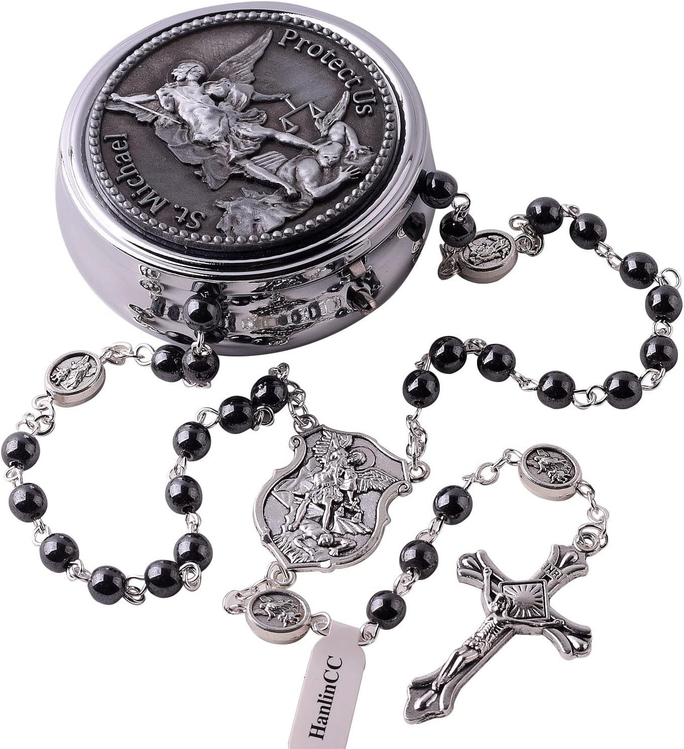 Saint Michael the Archangel Hematite Black Stone Beads Rosary Necklace with Metal Gift Box for Men