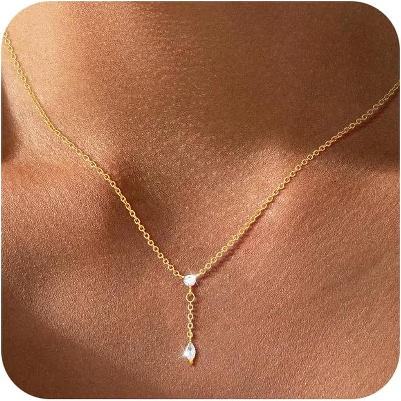 Gold/Silver Necklaces for Women, Dainty 14K Real Gold/Sterling Silver Plated Y-Shaped Necklace CZ Drop Chain Pendant Necklace Trendy Jewelry Gifts for Women