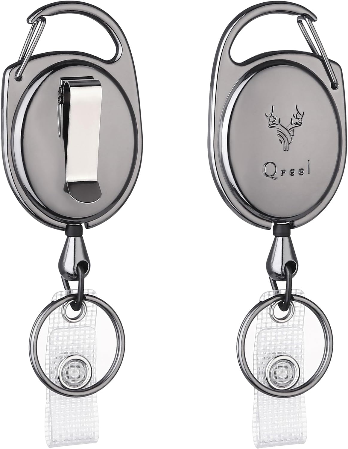 Heavy Duty Badge Reel, Metal Retractable Keychain, Steel Cord Retractable Badge Holder with Carabiner, Belt Clip and Key Ring (Gun Grey, All Metal Case, 2 Pack)