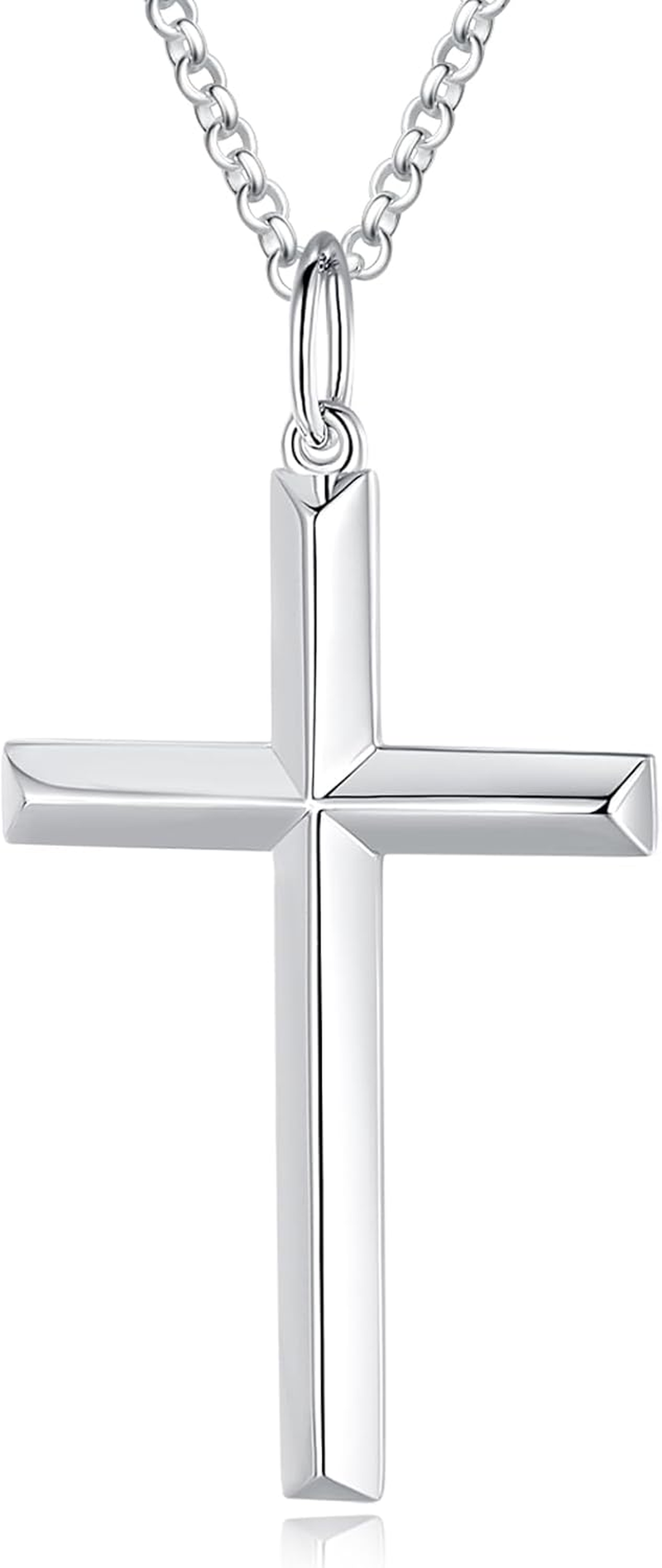 White Gold Plated 925 Solid Sterling Silver High Polished Heavy-Duty Cross Crucifix Pendant Necklace Fine Jewelry Gifts for Him Men Father, Rolo Chain Length 24 INCH/ 60CM