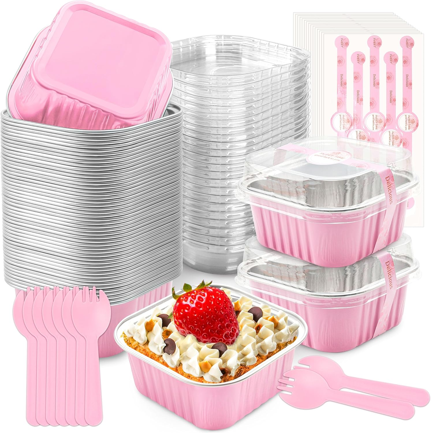 50 Pcs Mini Cake Pans with Lids and Spoons Aluminum Foil Mini Square Baking C...