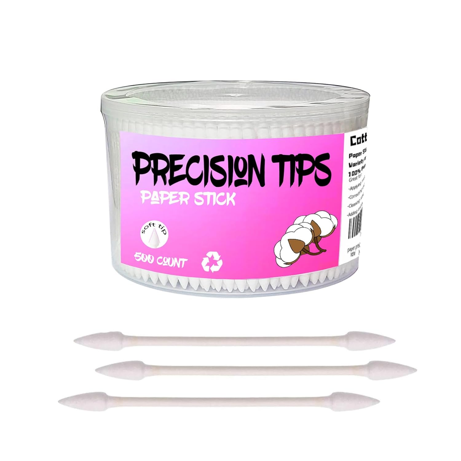 Pointed Tip Cotton Swabs: 500 Count, Double Precision Tips, Paper Stick