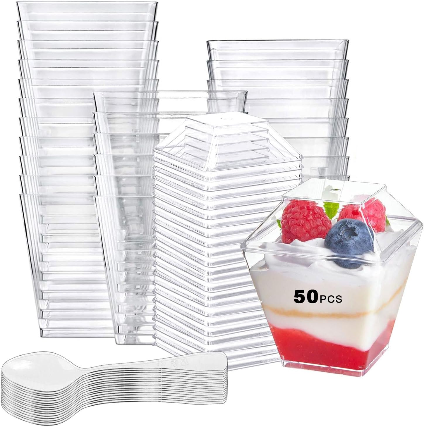 50 Pcs Dessert Cups, 200ml/7oz Clear Plastic Cups with Lids & Spoons, Small R... - Picture 2 of 13