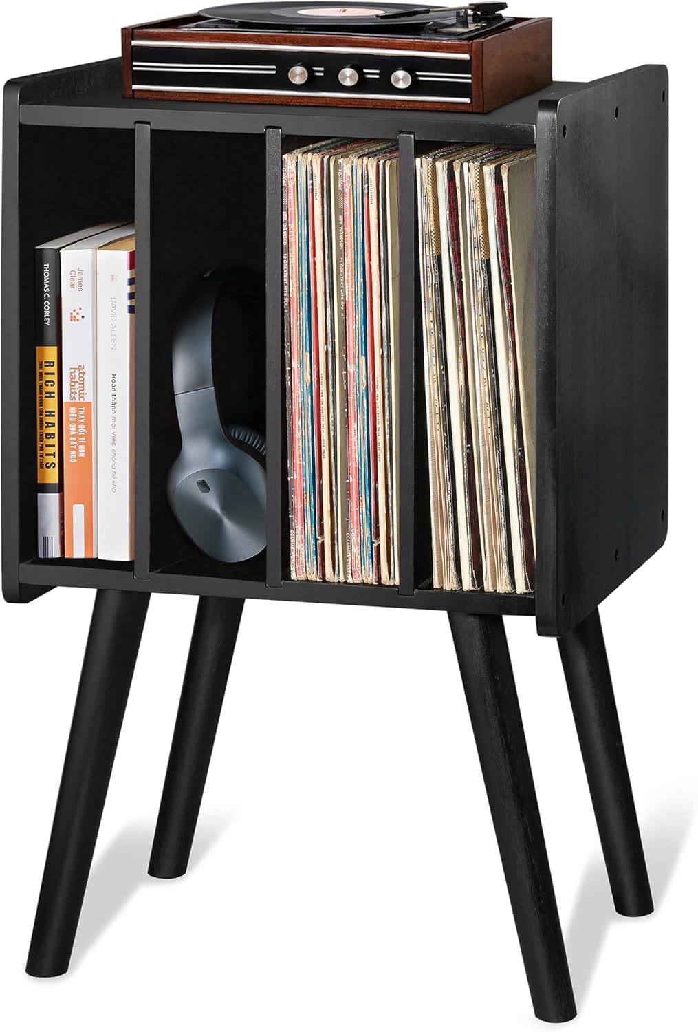 Wooden LP Record Player Stand with 4 Cabinets, Holds up to 100 Vinyls, Metal