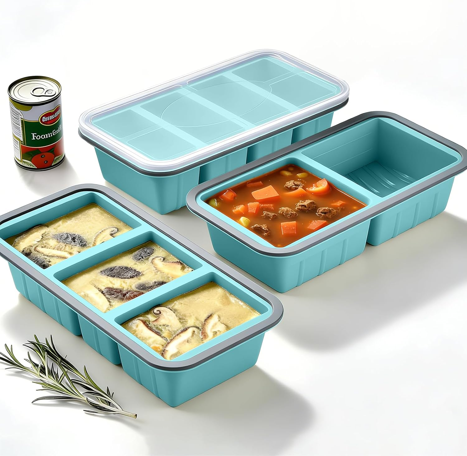 3PCS Silicone Freezer Tray with Lids, Divided Soup Cubes Mold for Fridge Food Storage & Organization, Reusable, Bpafree,Small Mini Food Snack Boxs for Travel, Office, Picnic (Blue)