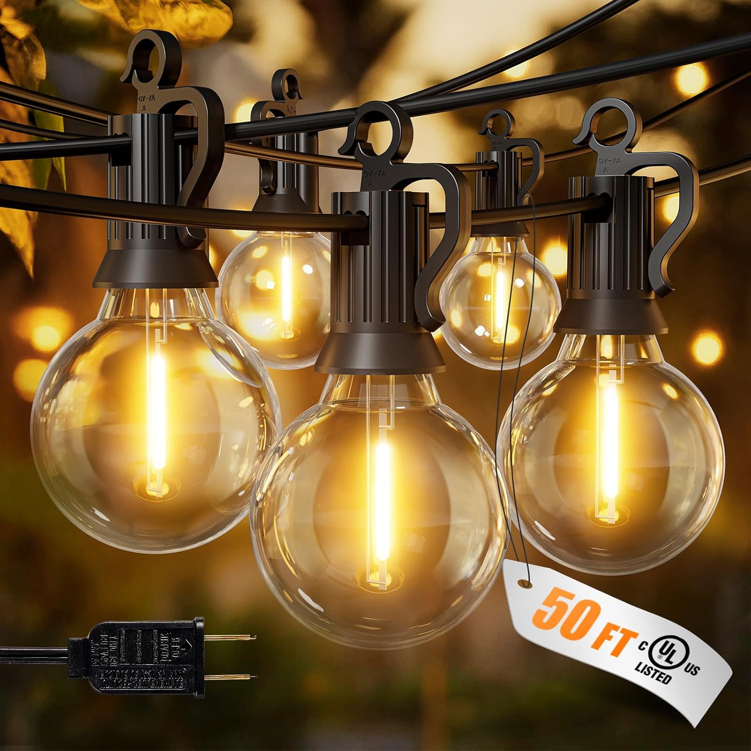 Outdoor String Lights, 50FT 25 G40 Bulbs Shatterproof Patio Lights, IP65 Waterproof Dimmable Hanging Connectable Globe LED Outdoor Lights for Backyard, Bistro, Porch, Deck, Balcony
