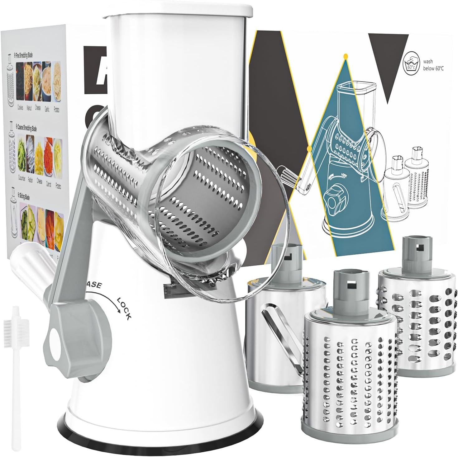 Rotary Cheese Grater Hand Crank Cheese Shredder for Fresh Cheese, Vegetable, Nuts,Non-Slip Suction Base, Free Cleaning Brush Three Blades, White