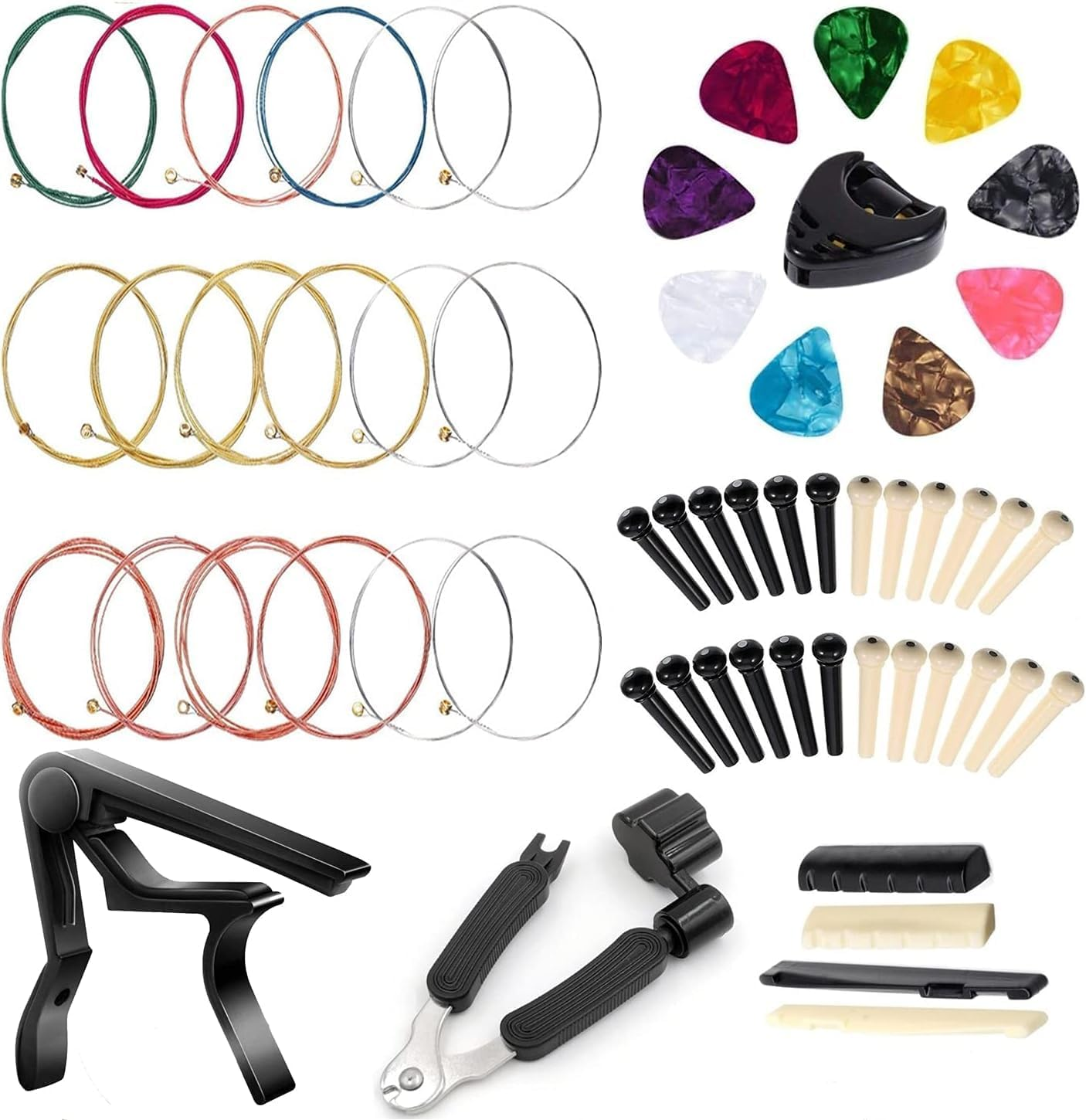 Kit Accesorios Guitarra 58 Piezas Cuerdas Capo Restringidor Puas Caja Puente