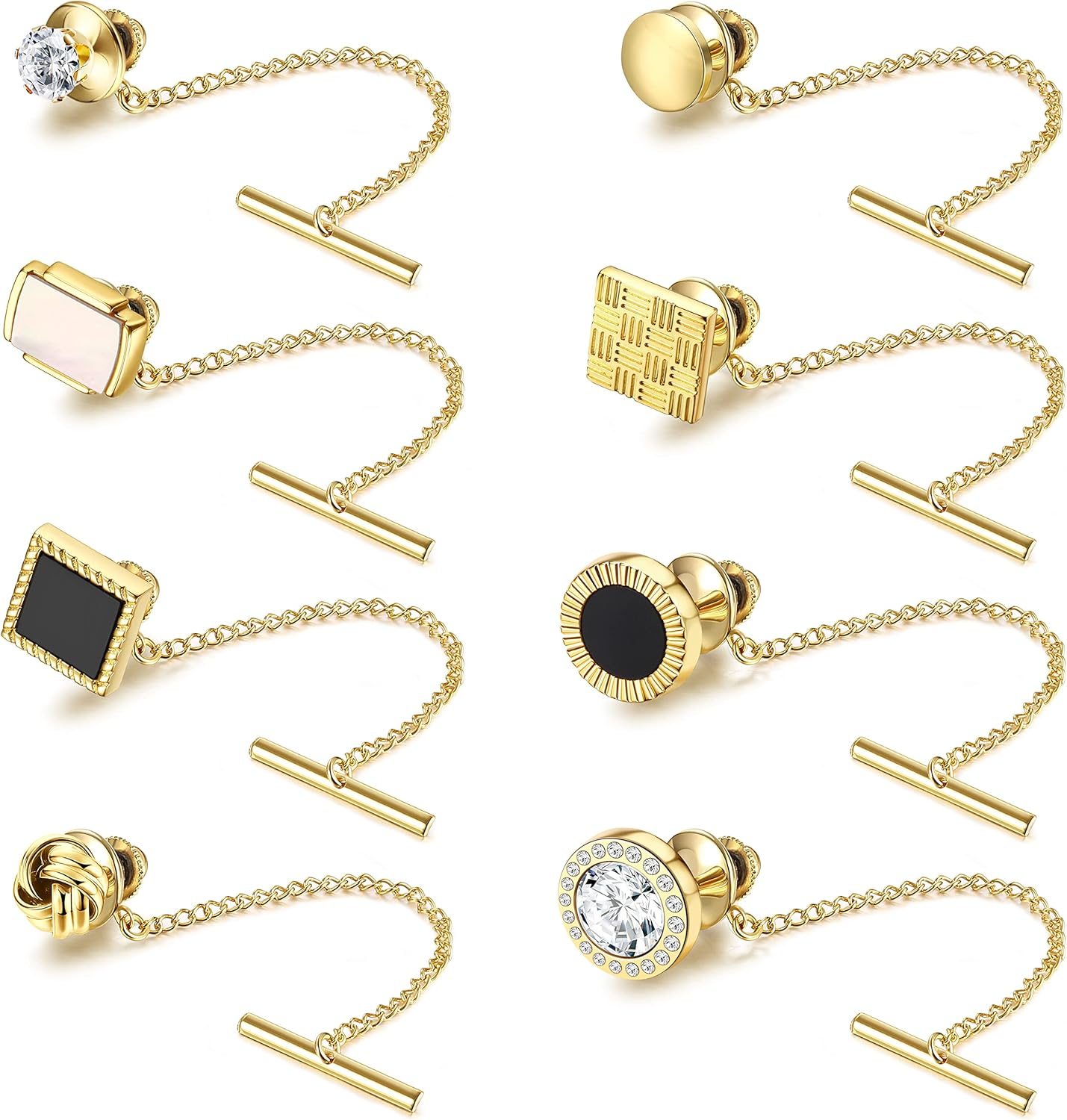 8 Pcs Tacks for Men Regular Ties Necktie 14K Gold Plated Pins with Chain for Wedding Business Anniversary
