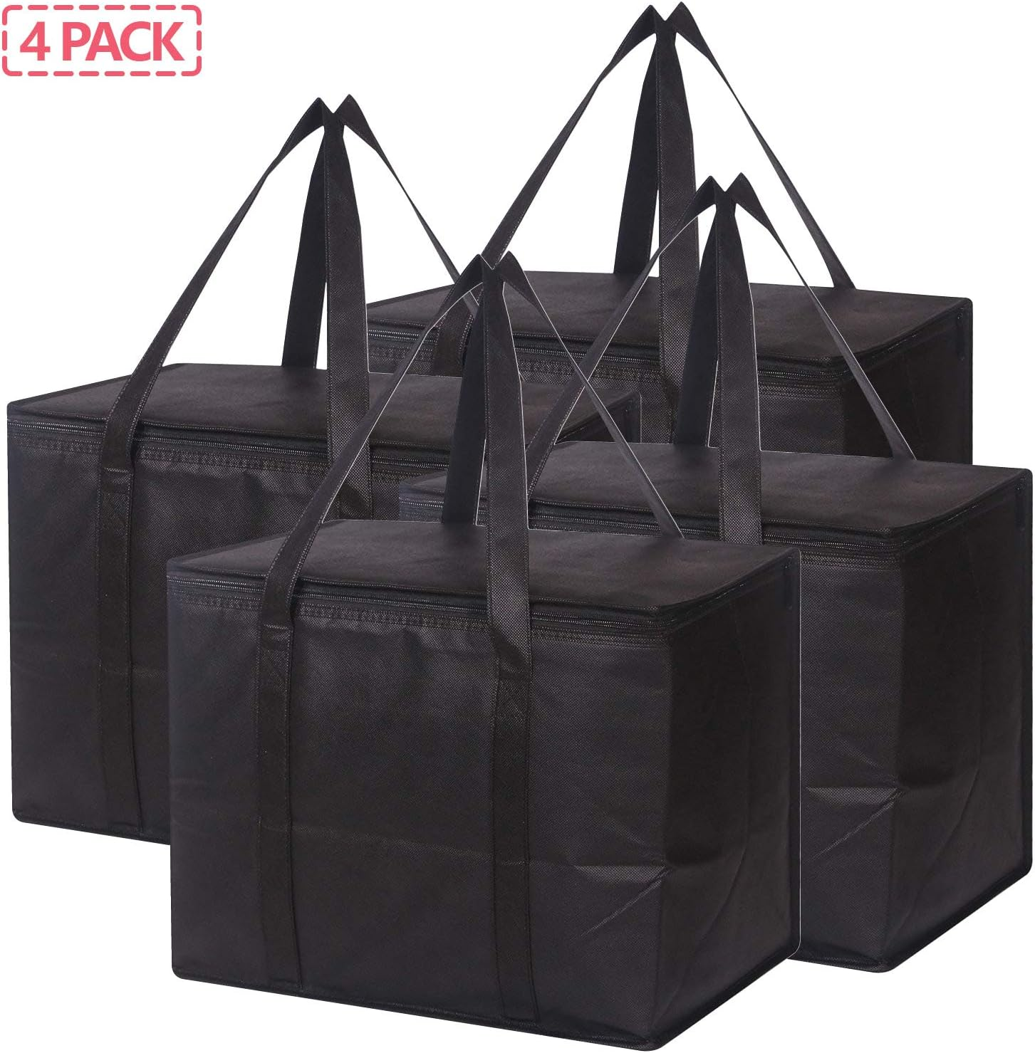 4 Set Large Insulated Reusable Grocery Bags with Sturdy Zipper & Handles Foldable Washable Heavy Duty Cooler Totes for Hot or Cold Food Delivery, Groceries, Travel, Shopping