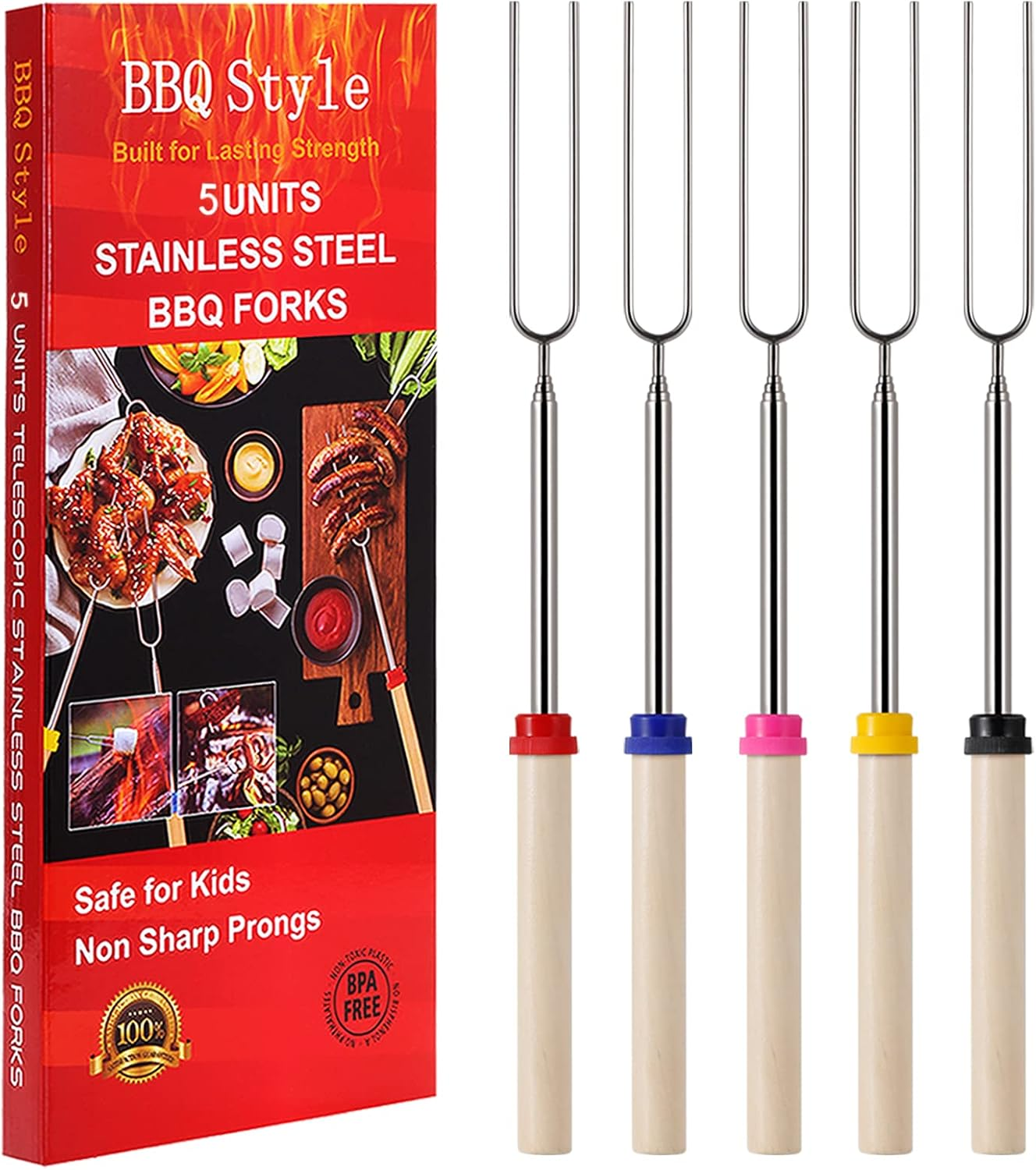 Marshmallow Roasting Sticks, Telescoping Smores Sticks for Open Fire Pit, 32 Inch Long Marshmallow Toasting Barbecue Forks Smores Skewers for Campfire Camping Hotdog Hot Dog Bonfire Grill, 5 Pack