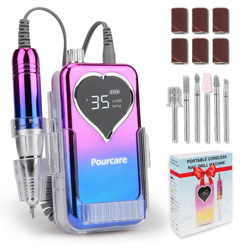 Electric Professional Nail Drill 35000 Rpm,Electric Nail File Efile Machine Set,Rechargeable Acrylic Nail Tool Kit,Manicure Pedicure Gel Grinder Polish for Home Salon Teach(Sunset Blue)