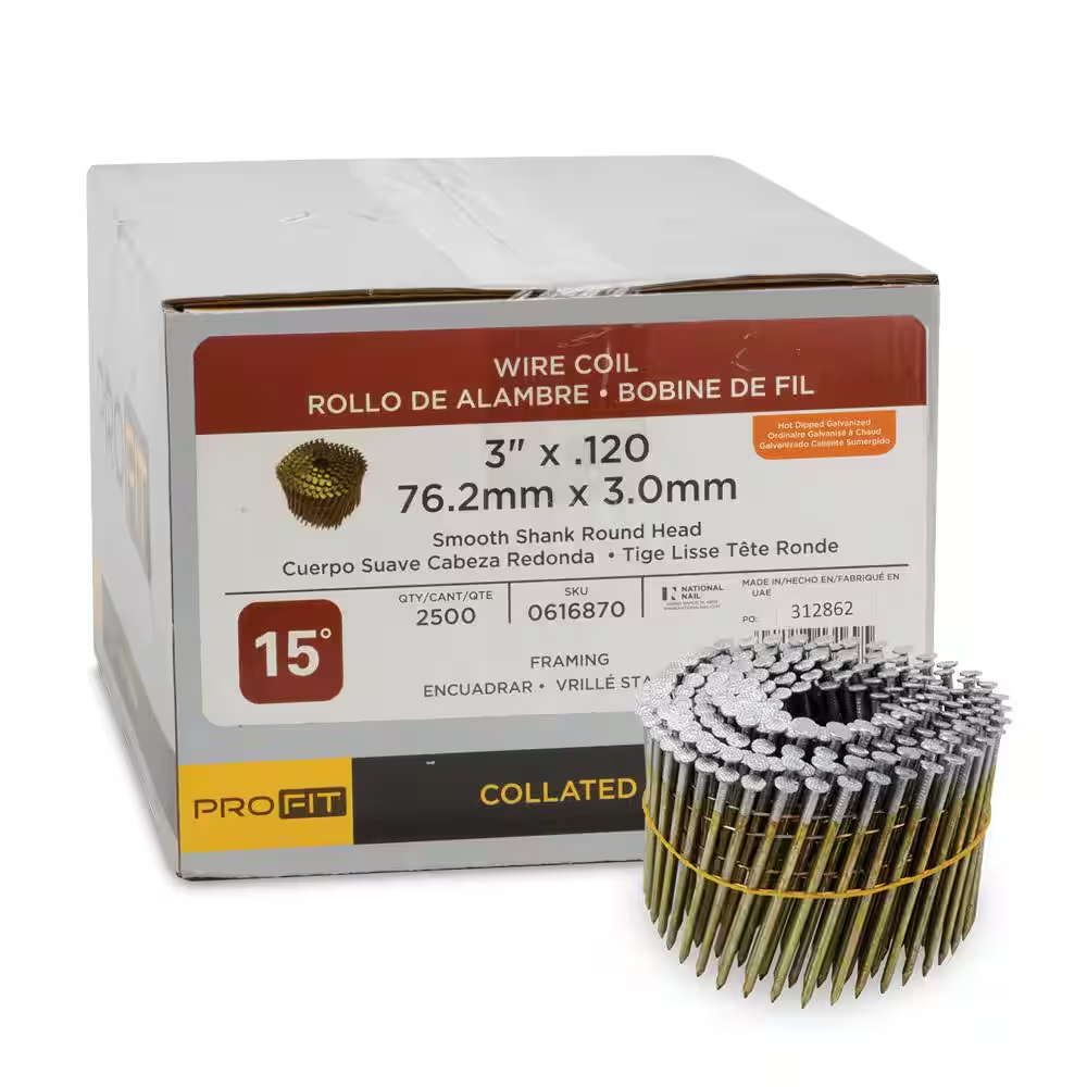 3 In. X 0.120 15-Degree Hot Dipped Galvanized Smooth Shank Wire Coil Framing Nails (2500 -Per Box)