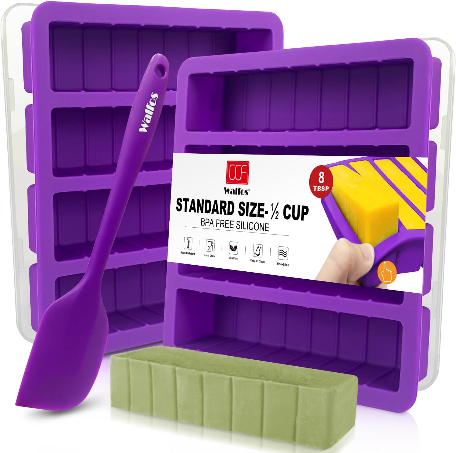 Silicone Butter Mold with Lid and Spatula (Purple), Walfos Non-Stick Butter Tray Fits Standard Butter Stick Size, Large Cavity Butter Maker Holds 8 Tbsp Butter, Ideal for Butter, Soap Bar, 2 Packs