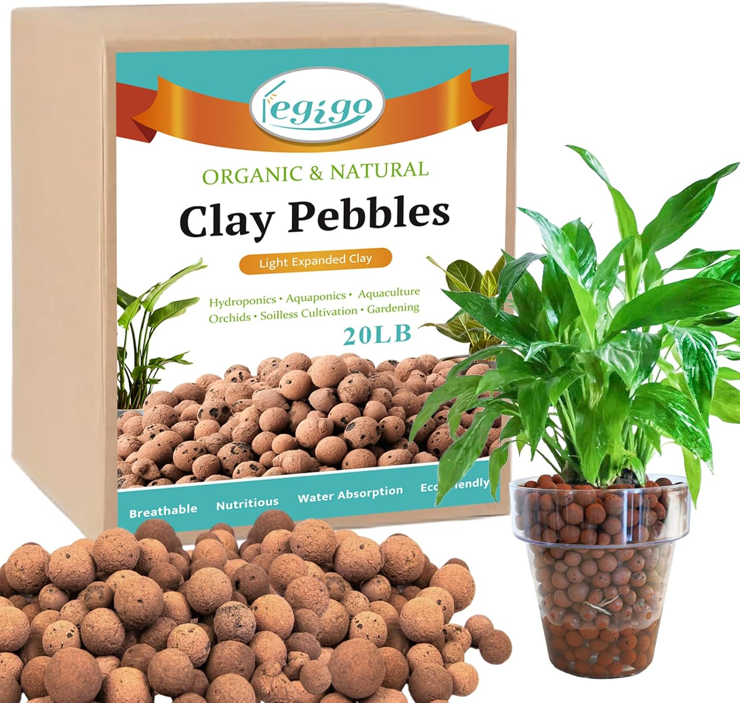 19 LBS Organic Expanded Clay Pebbles, 4Mm -16Mm Light Expanded Clay Aggregate, Natural Clay Pebbles for Hydroponic & Aquaponics Growing, Orchid Potting Mix, Dutch Buckets, Drainage
