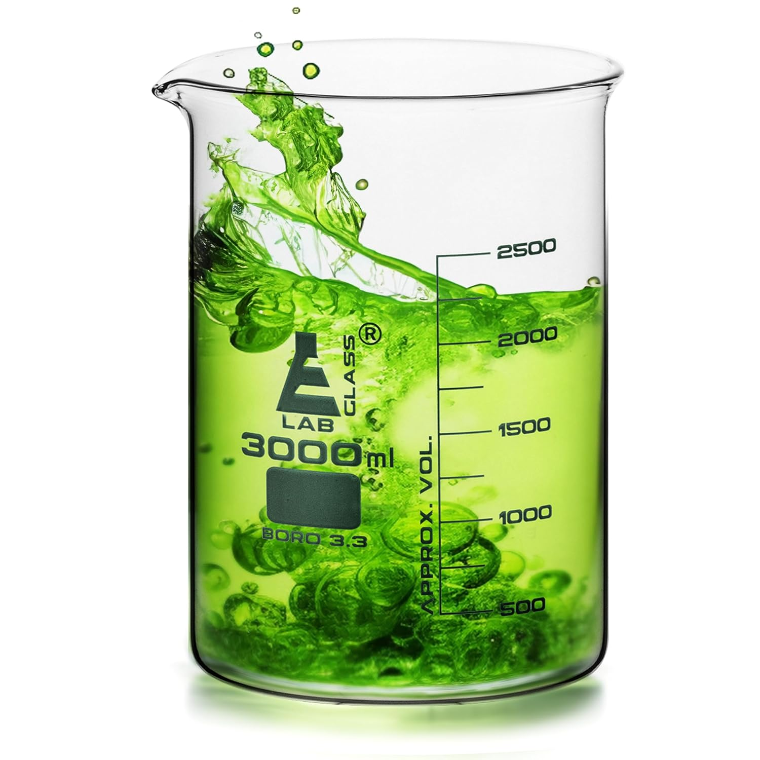 Beaker, 3000Ml - Low Form with Spout - White, 250Ml Graduations - Borosilicate 3.3 Glass