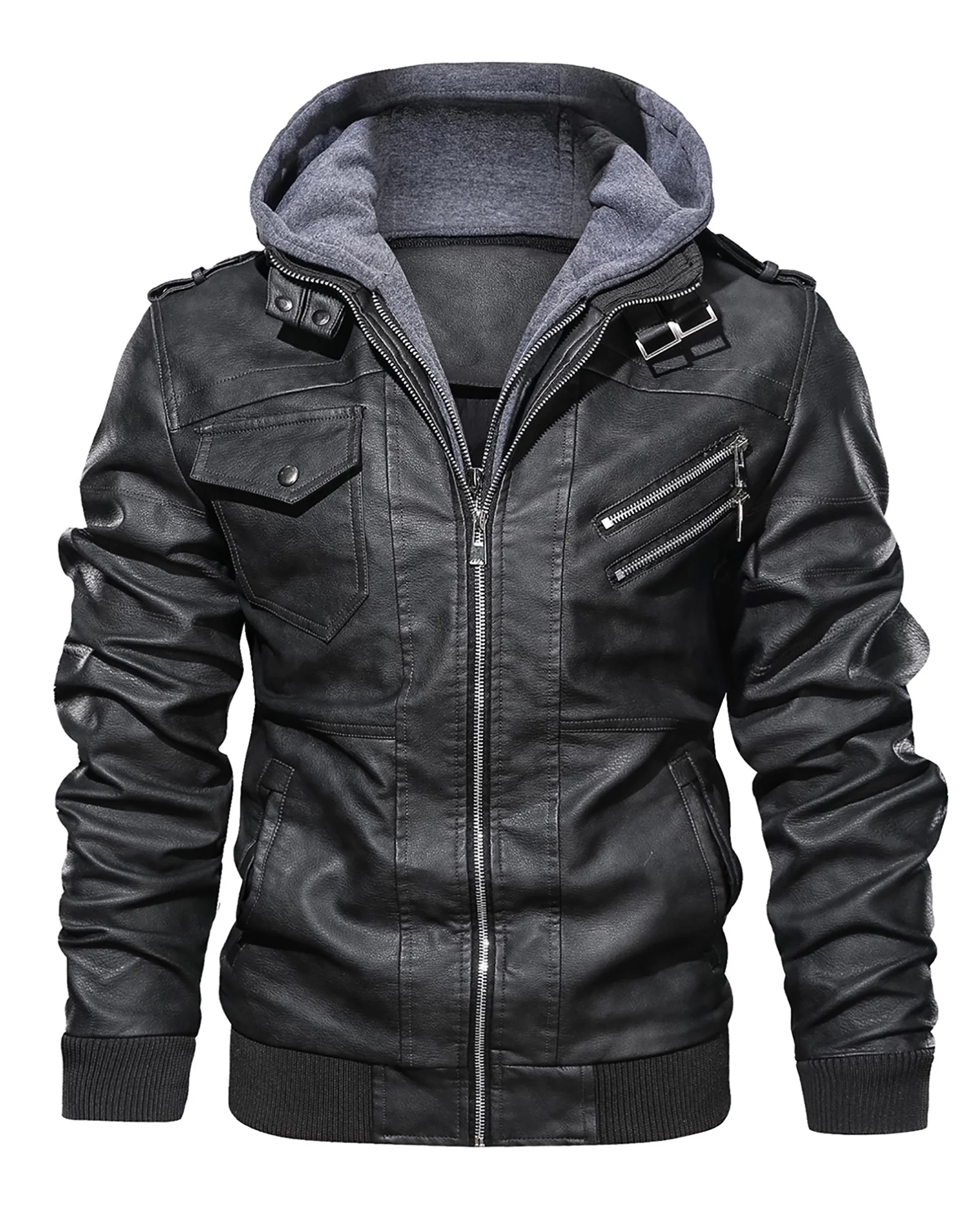 Men'S Pu Faux Leather Jacket with Removable Hood Black XXL