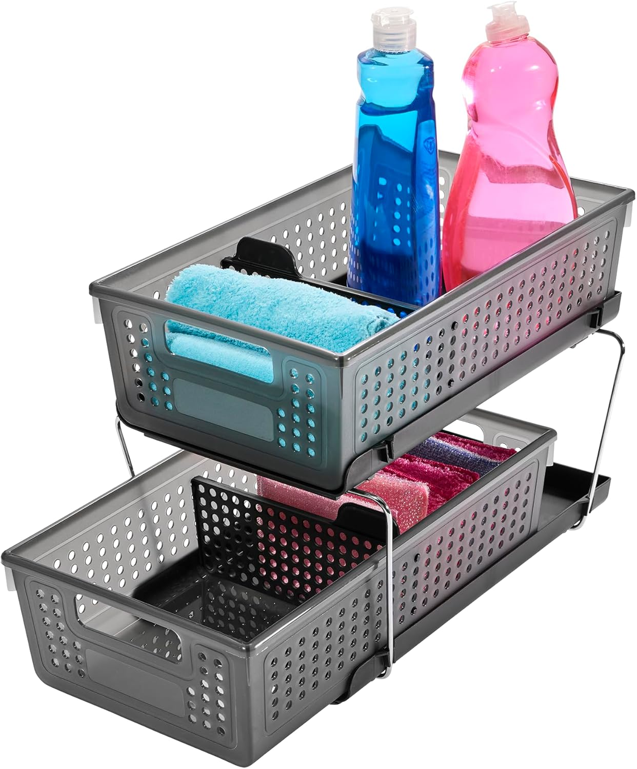 2-Tier Organizer Multi-Purpose Slide-Out Storage with Handles and Dividers for Home and Bath, BPA Free, Pack of 1, Carbon