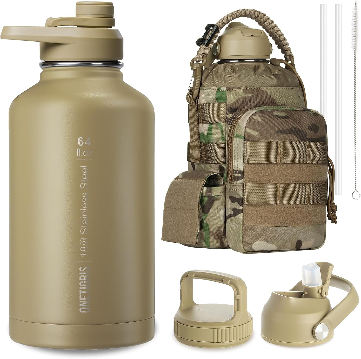 ONETIGRIS Tactical Half Gallon Water Bottle with Straw - 64 Oz Vacuum Insulated Stainless Steel Water Jug, Leakproof Sport Bottle with 3 BPA Free Lids, Paracord Handle & MOLLE Water Pouch for Outdoor