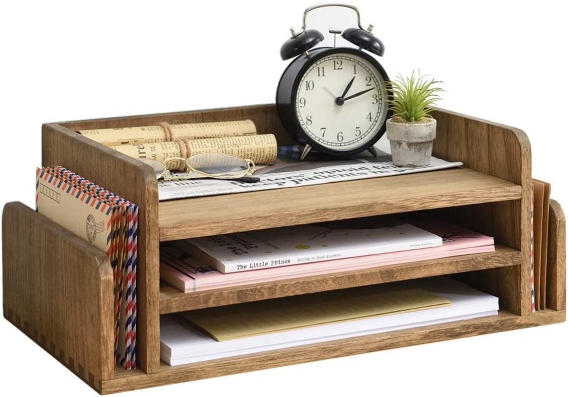 Wood Desk Organizer 5 Trays - Desktop Document Letter Tray for Folders, Mail,File -Nature 3-Tier Office Mail Sorter Organizer Rack/Telephone Stand/Document Holder Dark Brown(2Tp-Dbr)