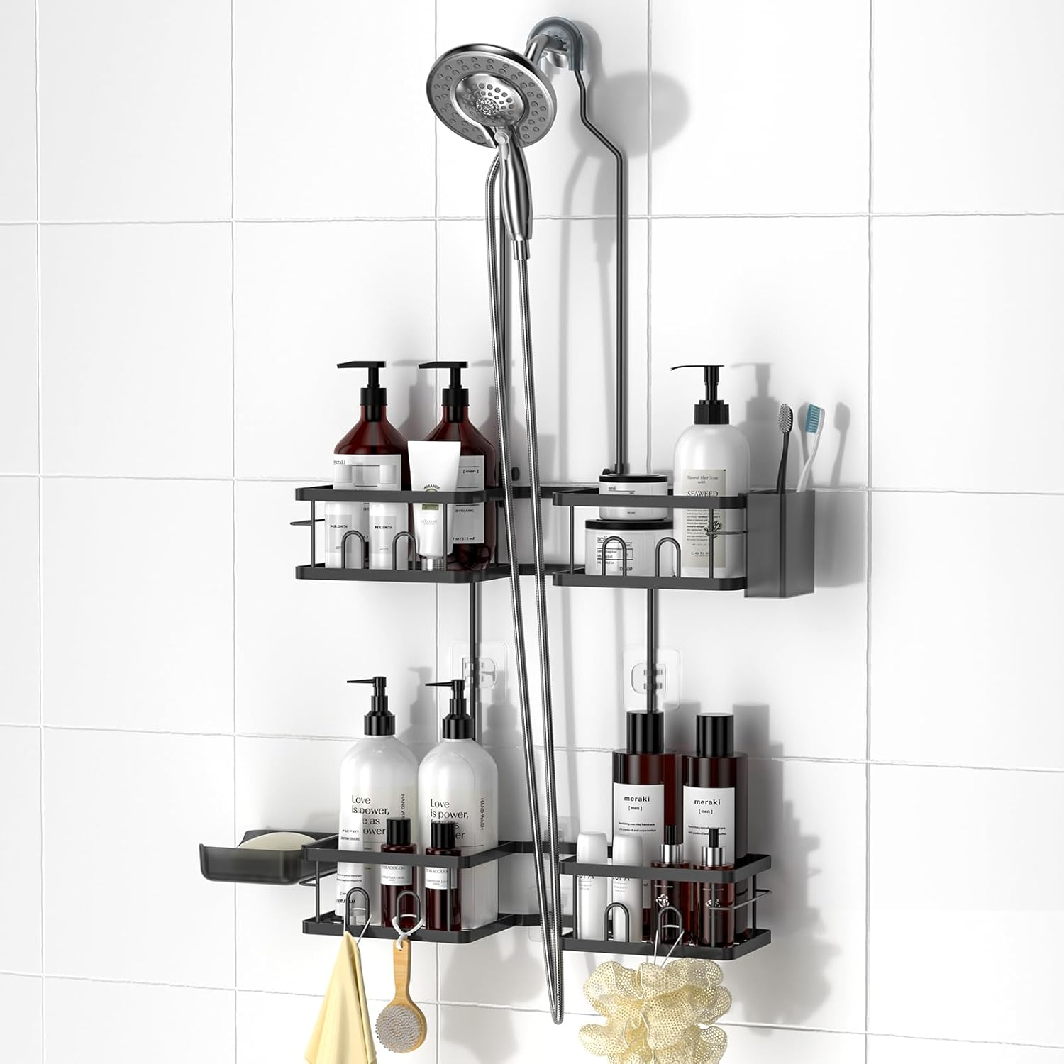 REINHARDT Adjustable Shower Caddy Hanging Rustproof Shower Caddy for Handheld Showerheads, Shower Organizer with Hooks Soap Holder Toothbrush Holder, Anti-Swing Shower Rack Bathroom Accessories, Black