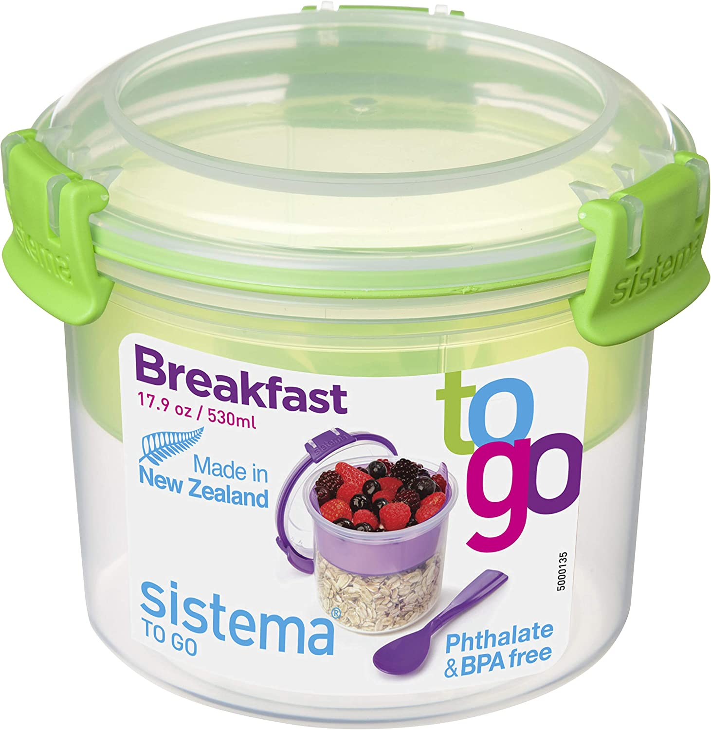 Sistema Breakfast to GO | Food Storage Container with Compartments & Spoon | 530Ml. | Bpa-Free | Assorted Colors [21355-53C]