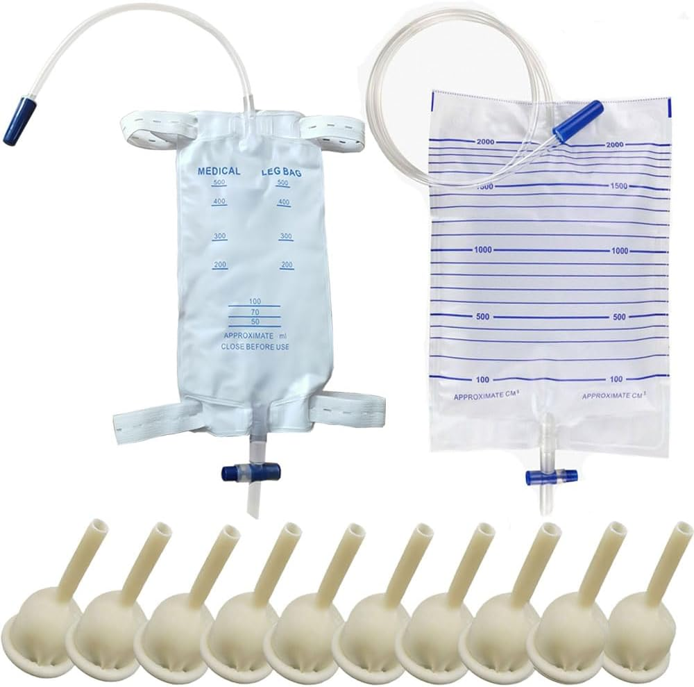 Condom Catheter External Self Sealing Set 10Pcs Male Condom Catheter 1Pcs 500Ml Leg Bag 1Pcs 2000Ml Drainage Bag(25Mm/0.98Inch)