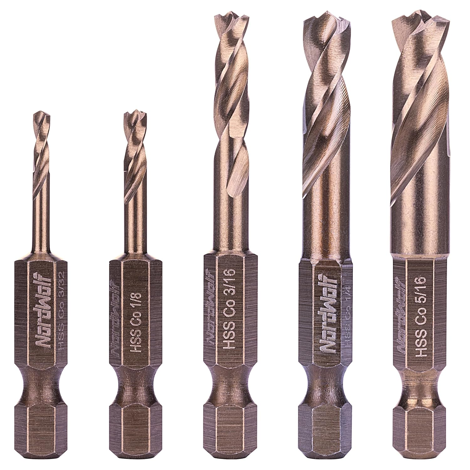 Nordwolf 5-Piece M35 Cobalt Stubby Drill Bit Set for Stainless Steel & Hard Metals, with 1/4