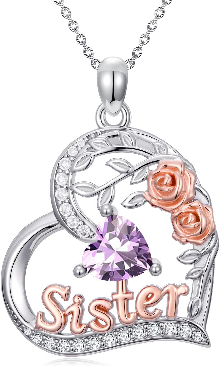 Sister Birthday Gifts for Sister 925 Sterling Silver Heart Rose Birthstone Necklace for Women Mother'S Day Anniversary Christmas Jewelry Gift for Sis Her