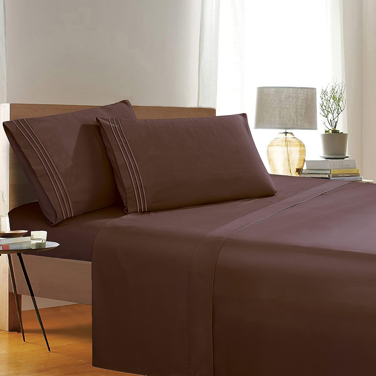 1500 Thread Count Wrinkle & Fade Resistant Egyptian Quality 4-Piece Bed Sheet Set Ultra Soft Luxurious Set Includes Flat Sheet, Fitted Sheet and 2 Pillowcases, Queen, Espresso Brown