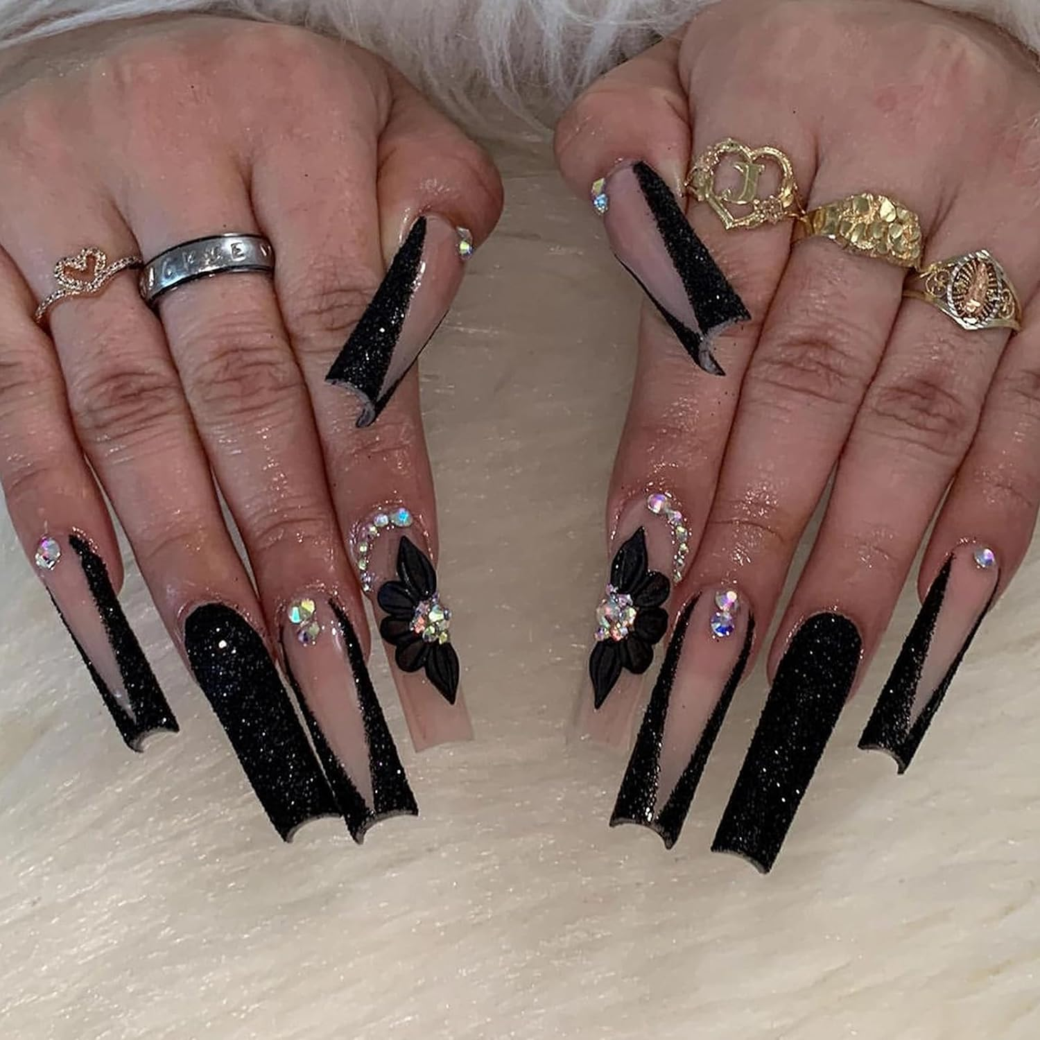 MISUD Press on Nails - Long Square Glossy Glue on Nails with Bling Black Glitter French Tip Acrylic Flower Rhinestone Design, 24 Pcs