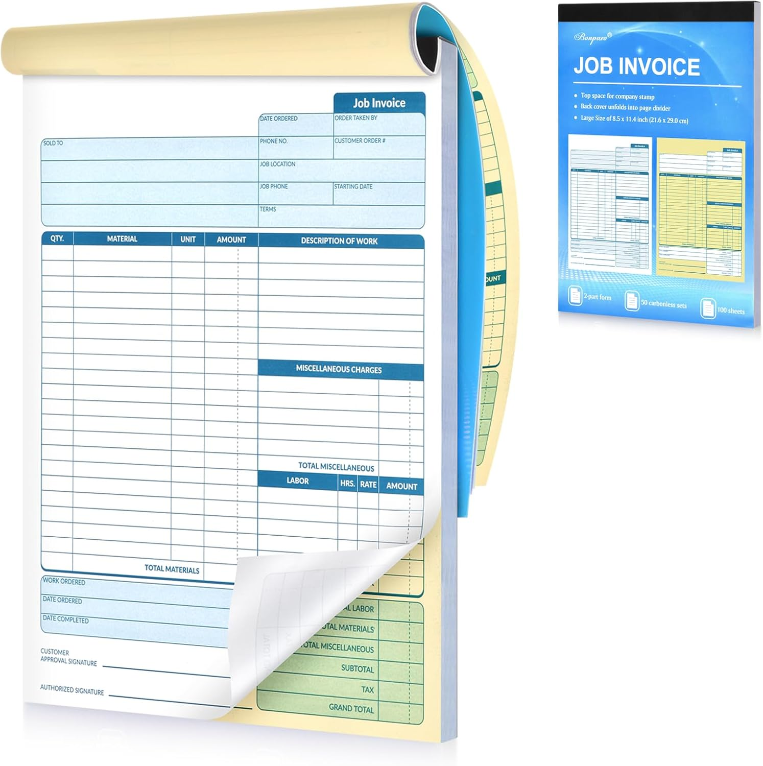 Large Job Work Order Forms, Job Invoice Forms/Receipt Book with Carbonless Copies for Small Business, 2 Part Carbonless Invoice Book, 8.5 X 11.4 Inch, 50 Receipts - with Page Divider, Easy to Use