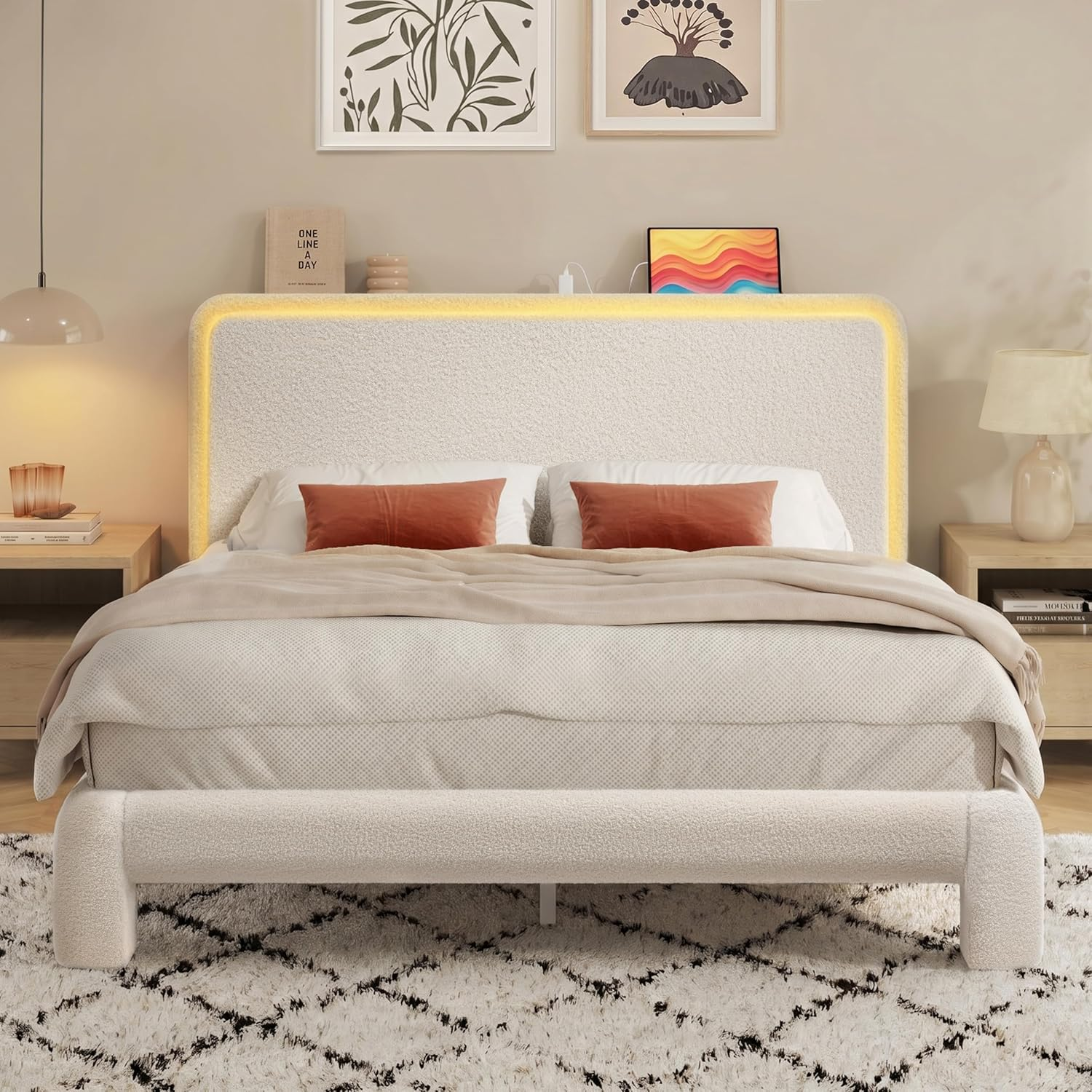 Queen Upholstered Bed Frame, Sturdy Noise-Free Metal Support, Boucle Cloud Headboard with Charging Station & LED Lights, No Box Spring Needed, Beige