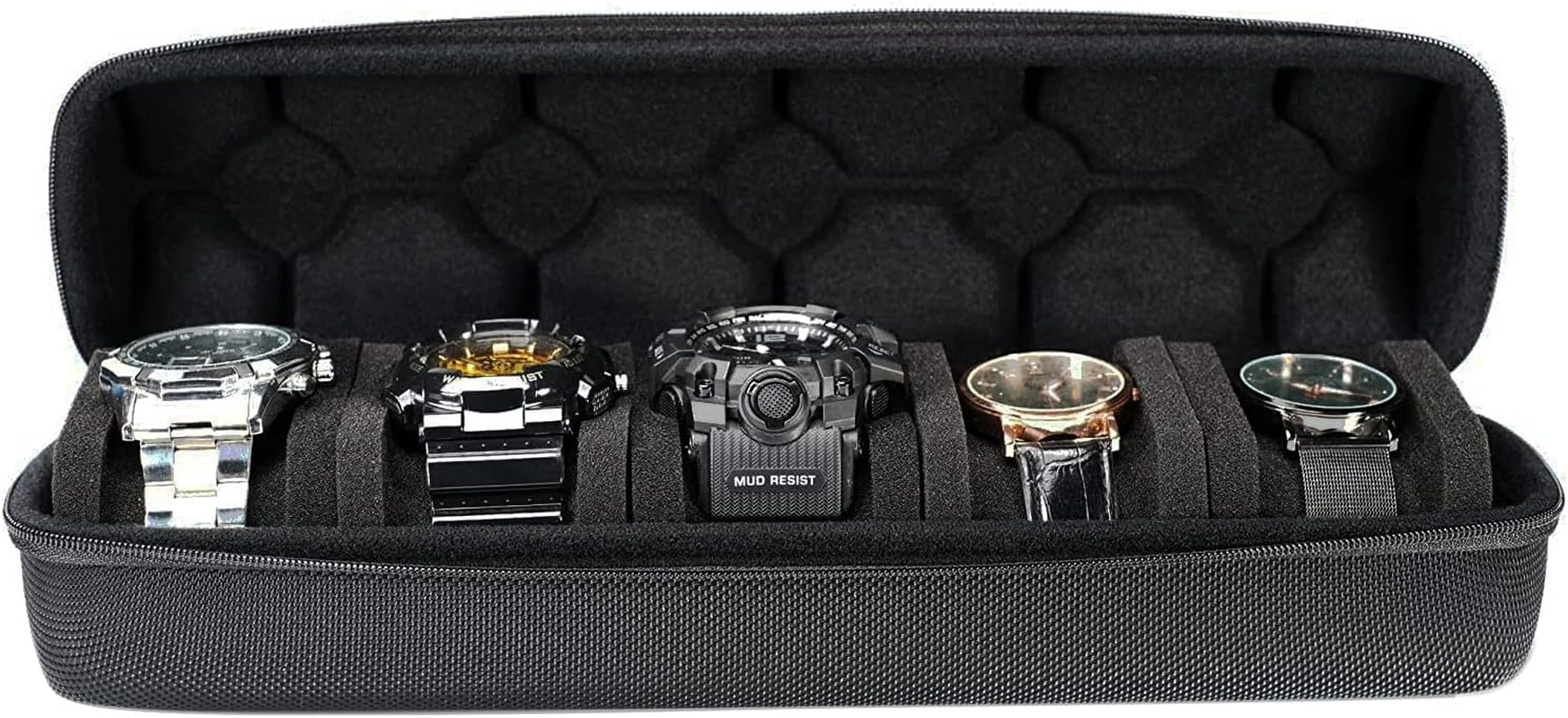 Watch Case for Travel and Storage (5 Slots Black),Hard Watch Case Storage Box Display and Organizer, with Flexible Foam Insert Fit Large Watches