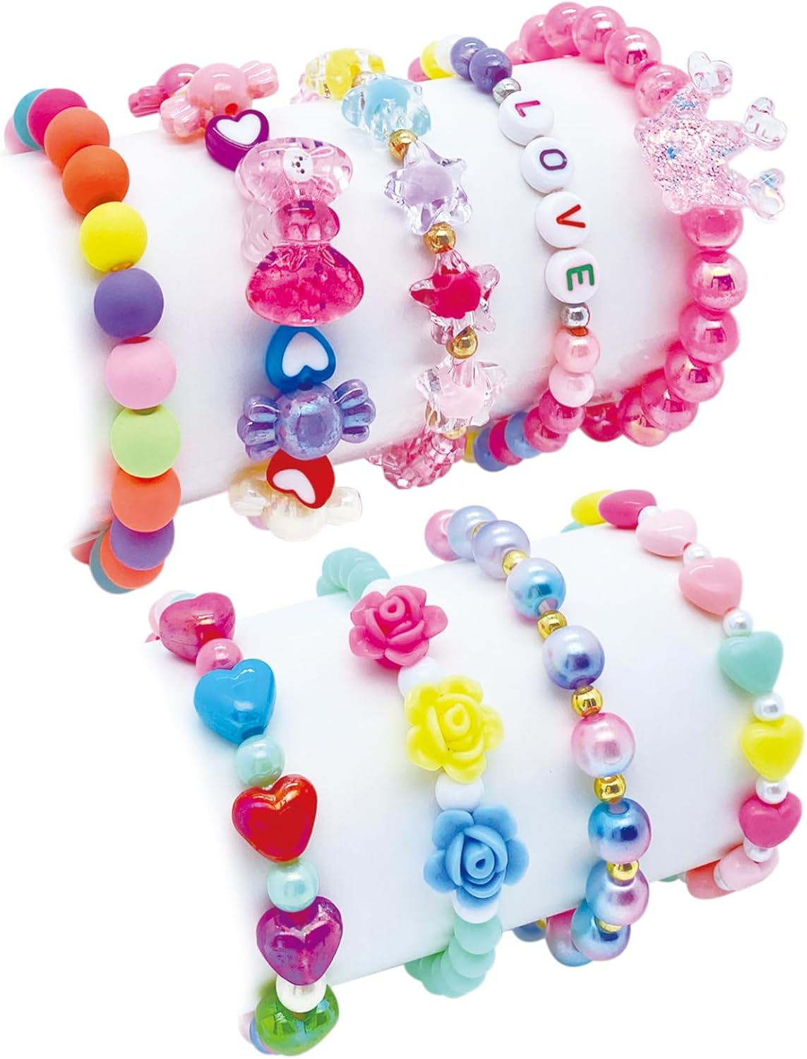 9 PCS Cute Kids Bracelets for Girls Pink LOVE Beaded Bracelets Little Girls Costume Jewelry Princess Party Favors Pretend Play Birthday Easter Christmas Valentines Toddler Jewelry