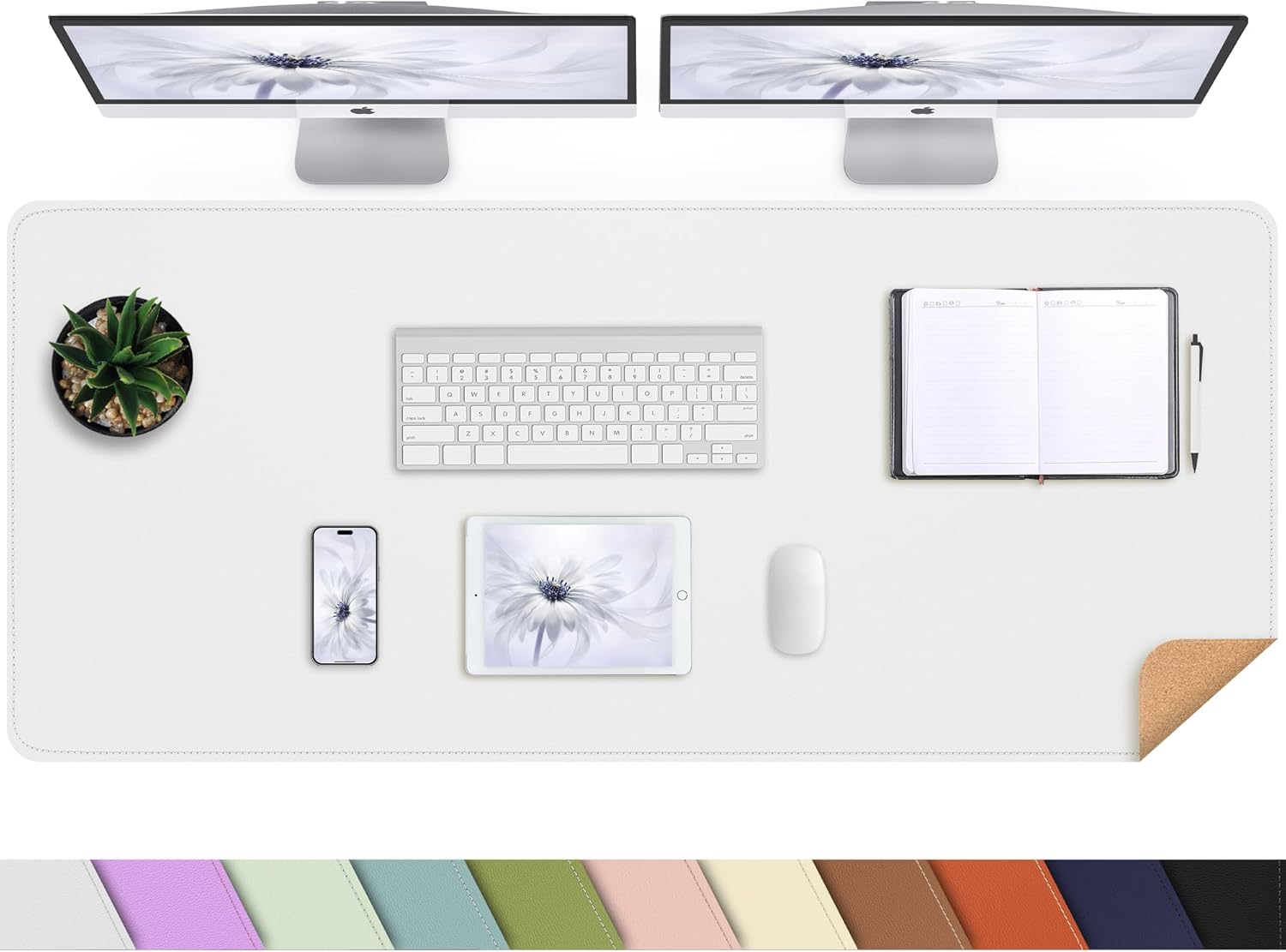 Leather Desk Pad Protector, Large Desk Mat with Natural Cork & PU Leather,Mouse Pad,Non-Slip Office Desk Mat,Waterproof Desk Writing Pad for Office and Home (47In*17In, Ivory White)