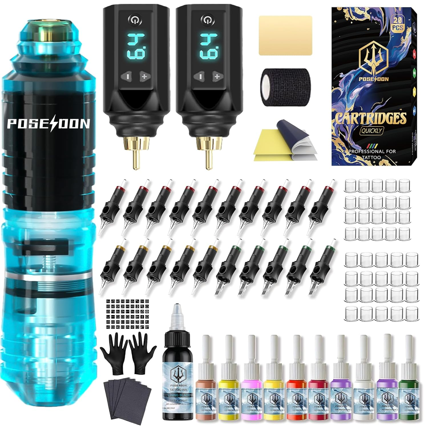 POSEIDON Tattoo Gun Kit with Pen, Batteries, Needles, and Inks for