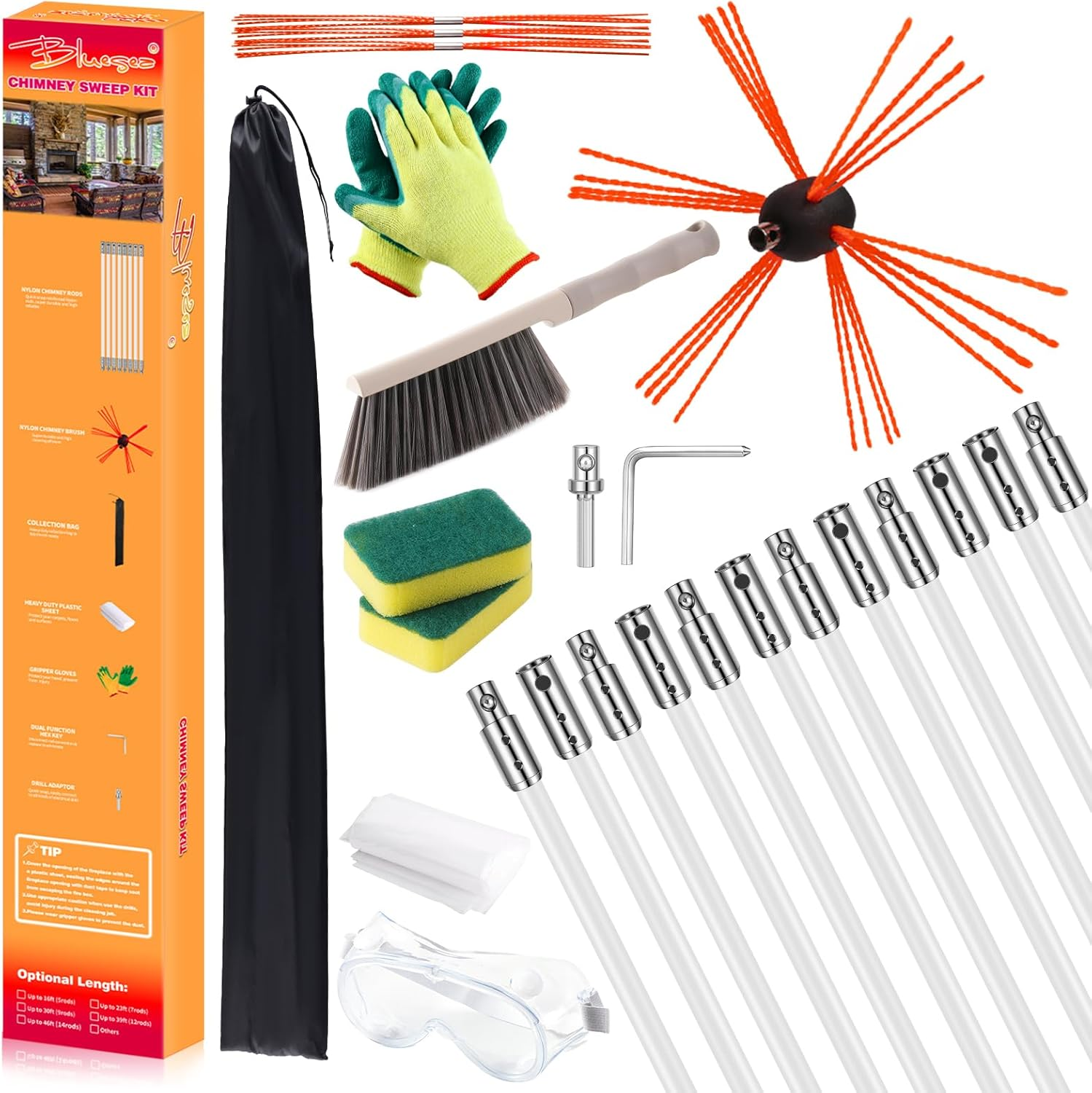 Bluesea 39 Feet Chimney Sweep Kit, Ergonomic Chimney Cleaning System with Strong Brush, Extends up to 39 Feet, Includes 12 Flexible Chimney Rods