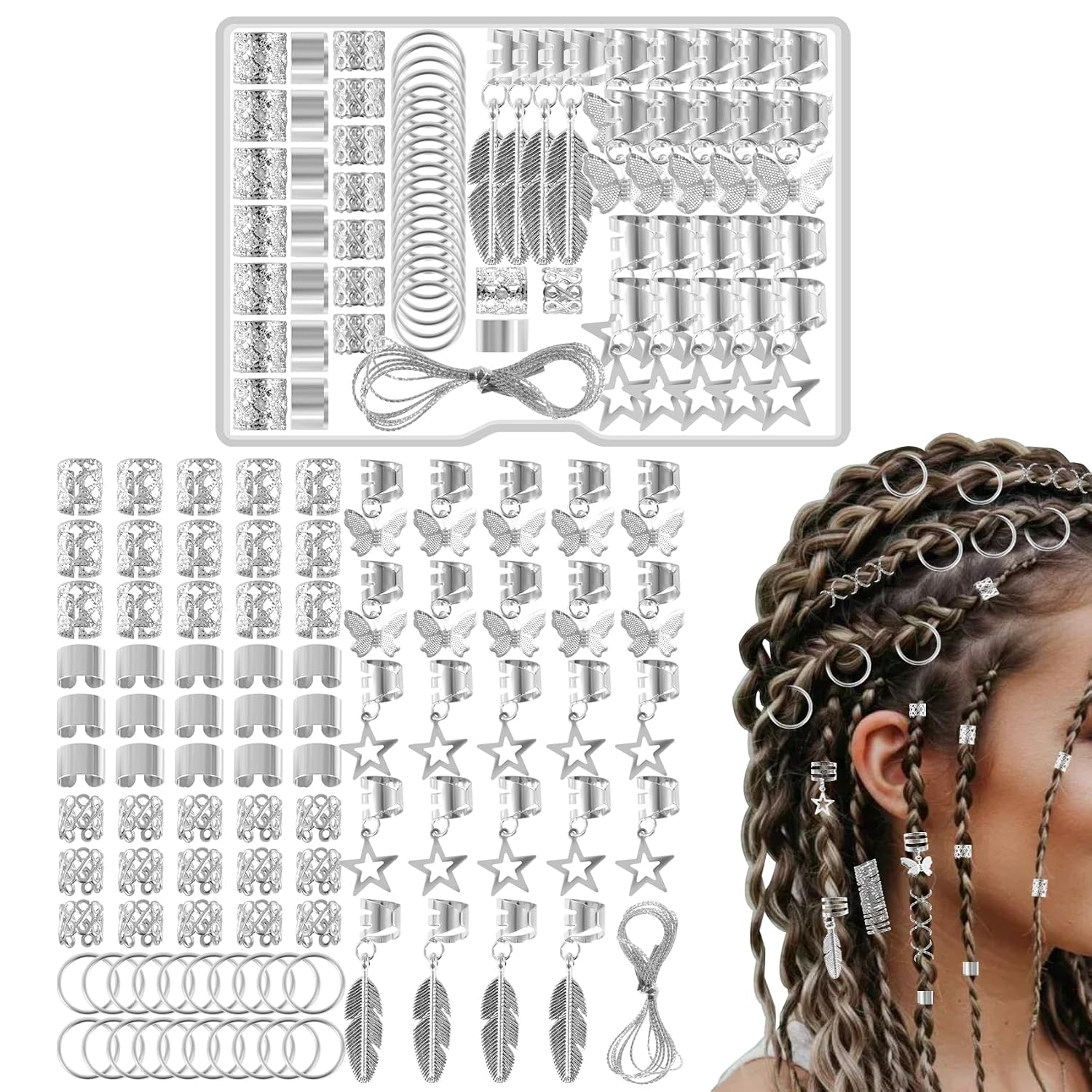 90x Dreadlocks Schmuck Silber Metall Haarperlen Braids Set