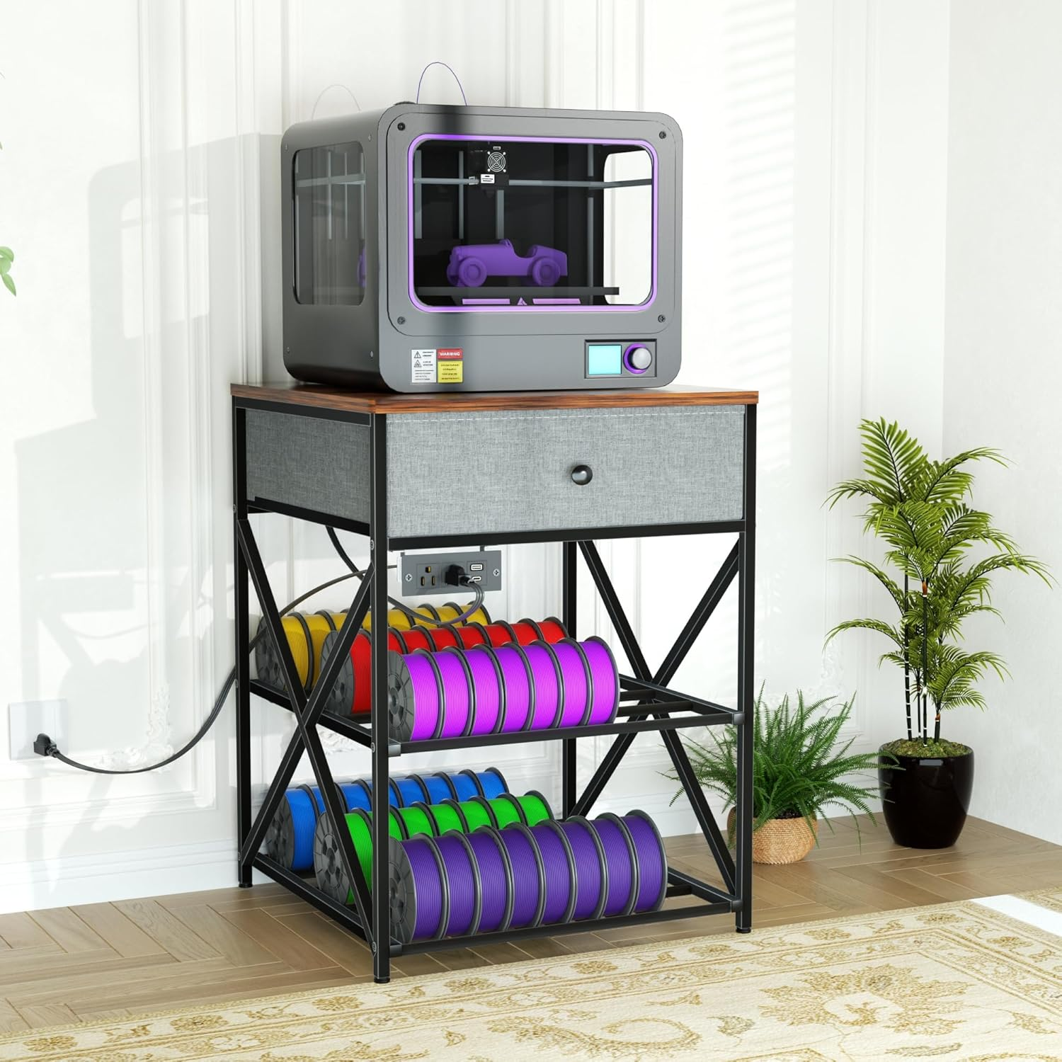 DALEHMOME 3D Printer Stand with Storage, 3D Printer Table with Power Outlet, Sturdy Metal Frame Workstation with Fabric Drawer for 3D Printing, Rustic Brown, 23.6