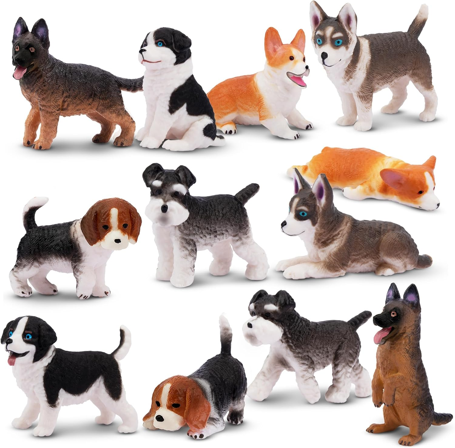 12PCS Dog Figurines Playset, Realistic Detailed Plastic Puppy Figures, Hand Painted Mini Dog Figures Toy Set Cake Toppers Easter Egg Birthday Gift for Kids Toddlers