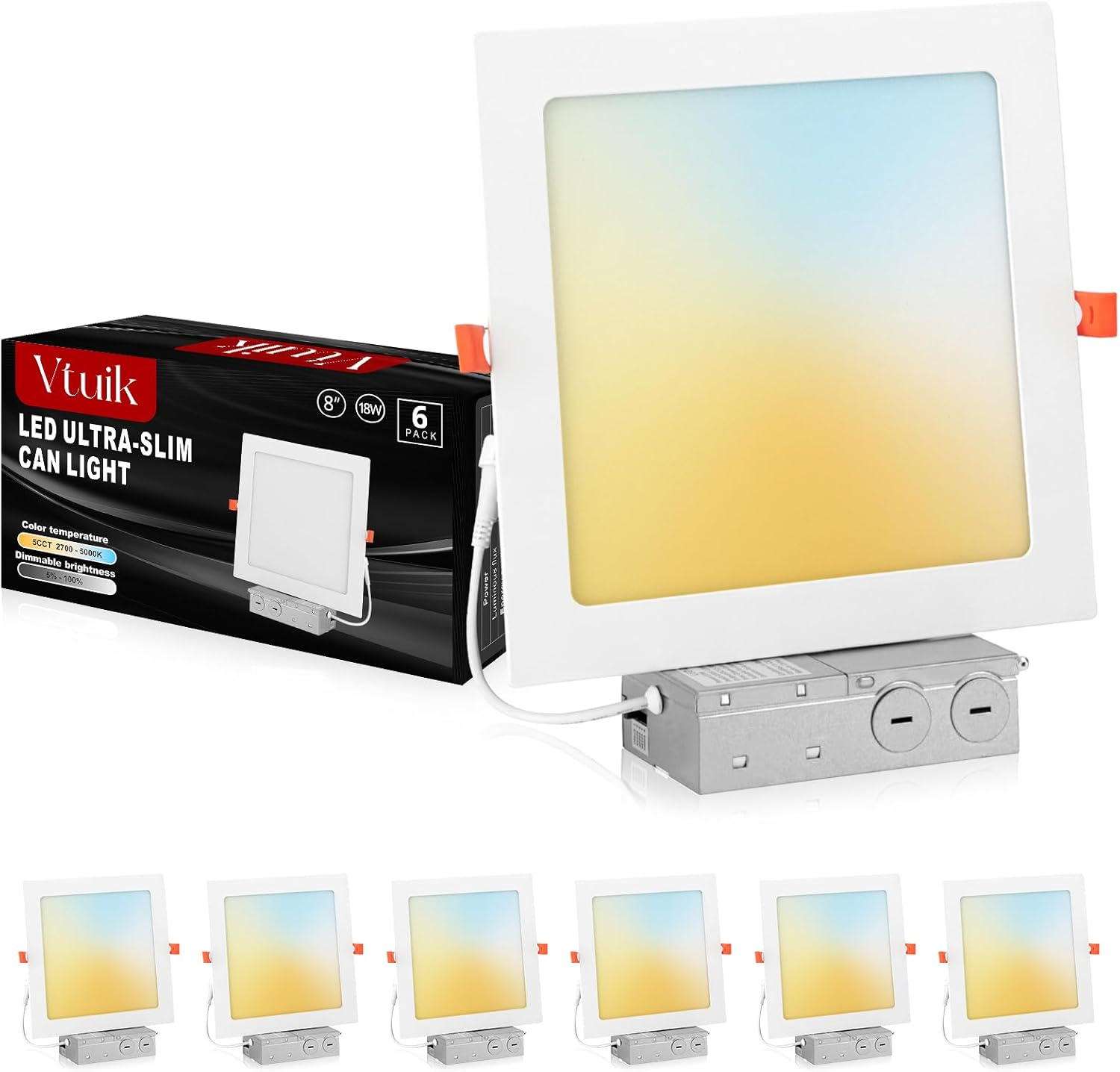 8 Inch Square LED Recessed Ceiling Light, 18W Dimmable Canless Wafer Downlight, Damp-Rated for Bathroom Basement Kitchen, Ultra Thin with Junction Box, 1440LM 5CCT 2700K-5000K, 6 Pack